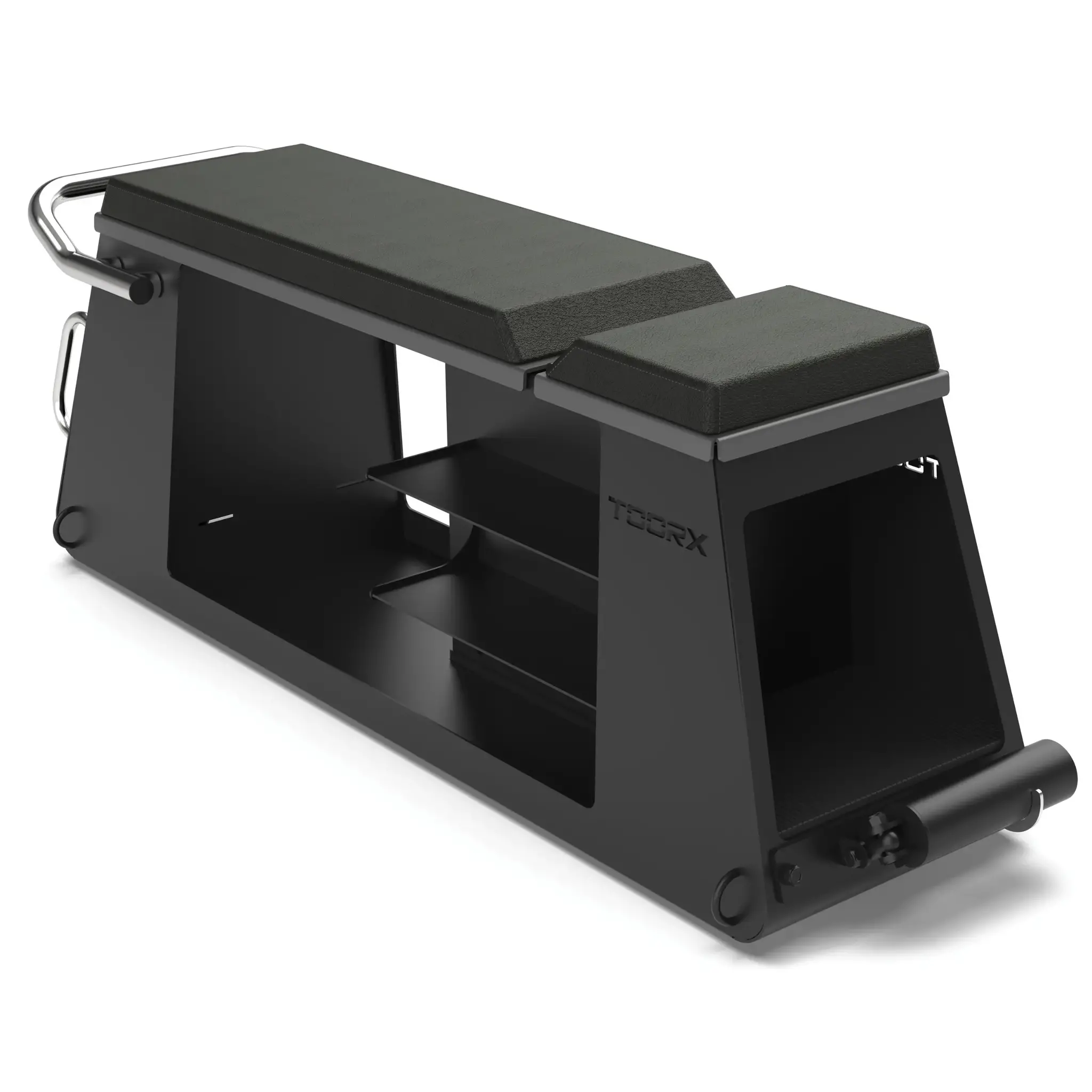 Black weight bench with two levels. It has a handle and is marked with the TOORX logo.