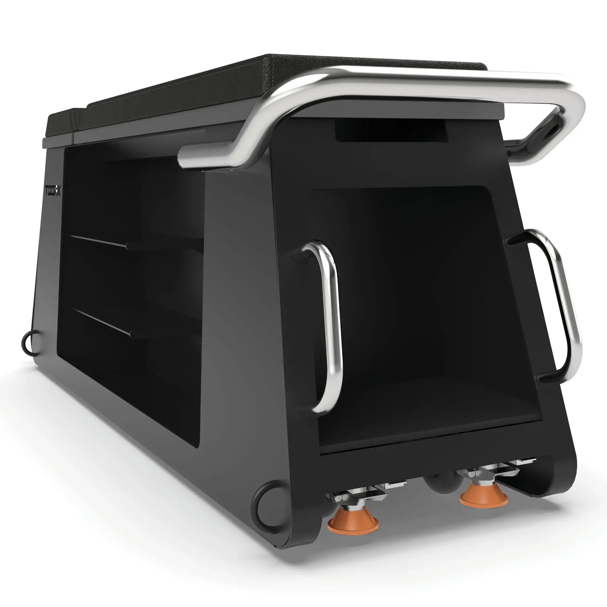 Black gym machine with a seat and handles. The background is white.