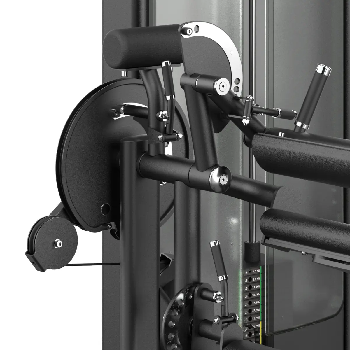 Close-up van een grijze fitnessmachine, zwarte stangen en gewichten zichtbaar.