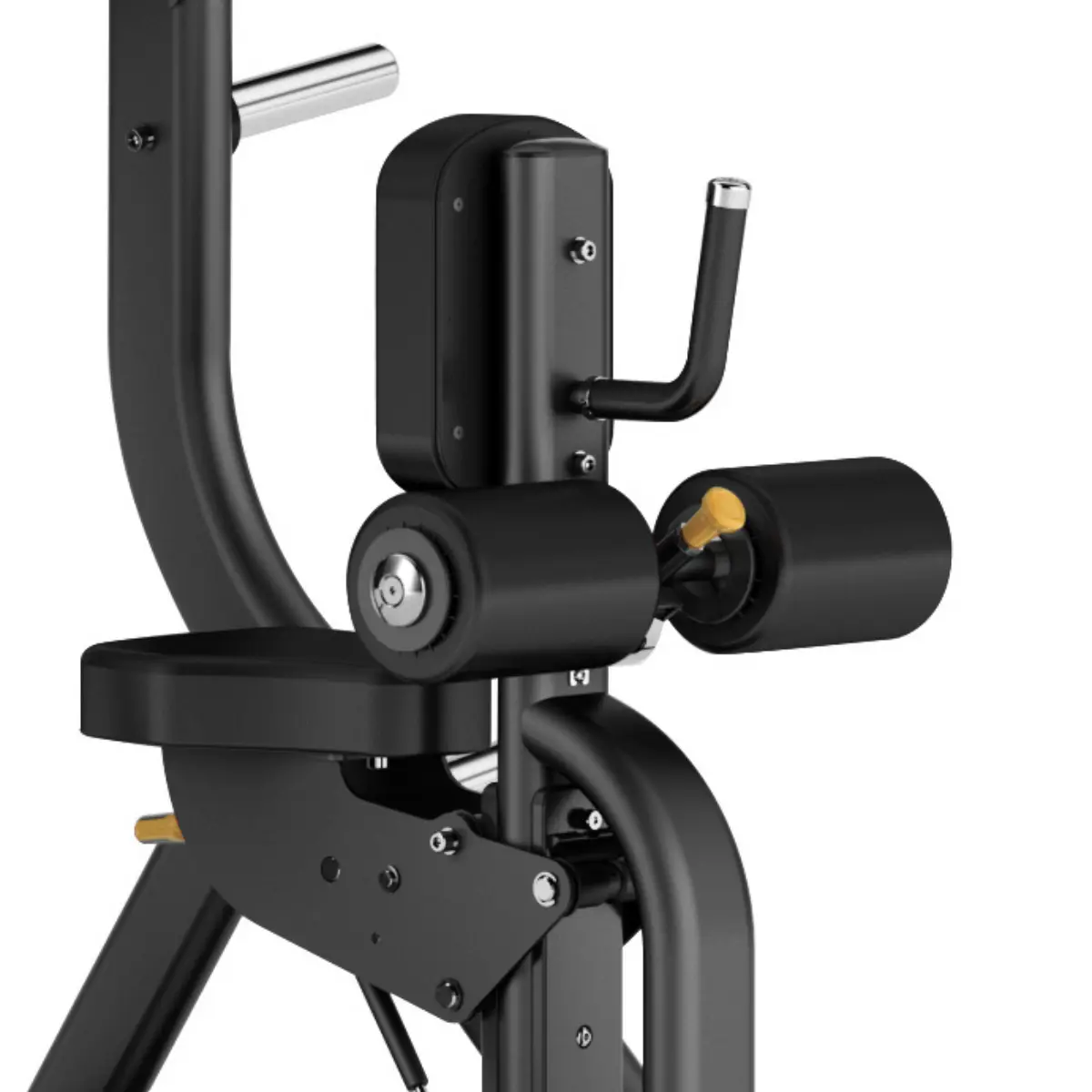Zwarte fitnessapparatuur. Cilindrische kussens, metalen staven en frame.
