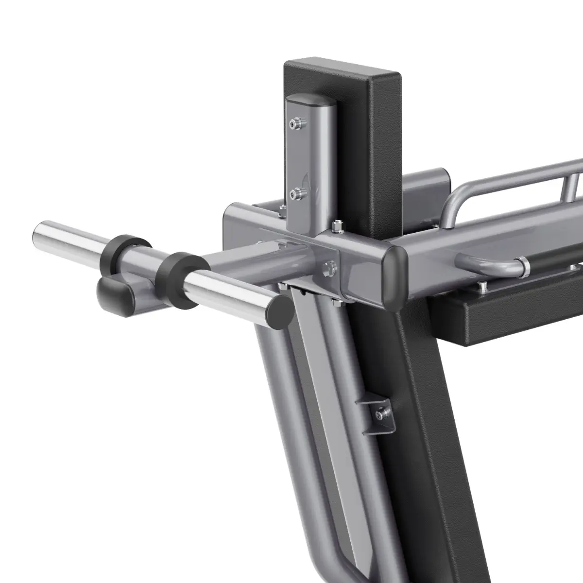 Close-up van een fitnessapparaat. Het metalen frame en de zwarte pads zijn zichtbaar.