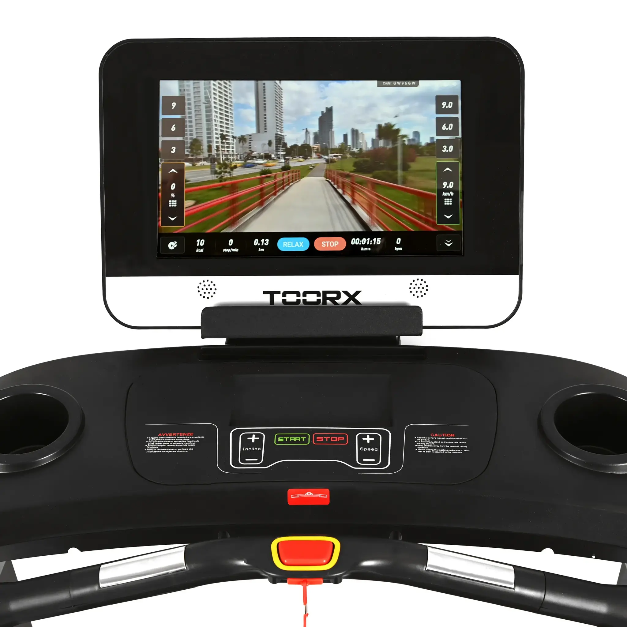 Treadmill with screen showing path. Black treadmill with screen displaying a path and controls.