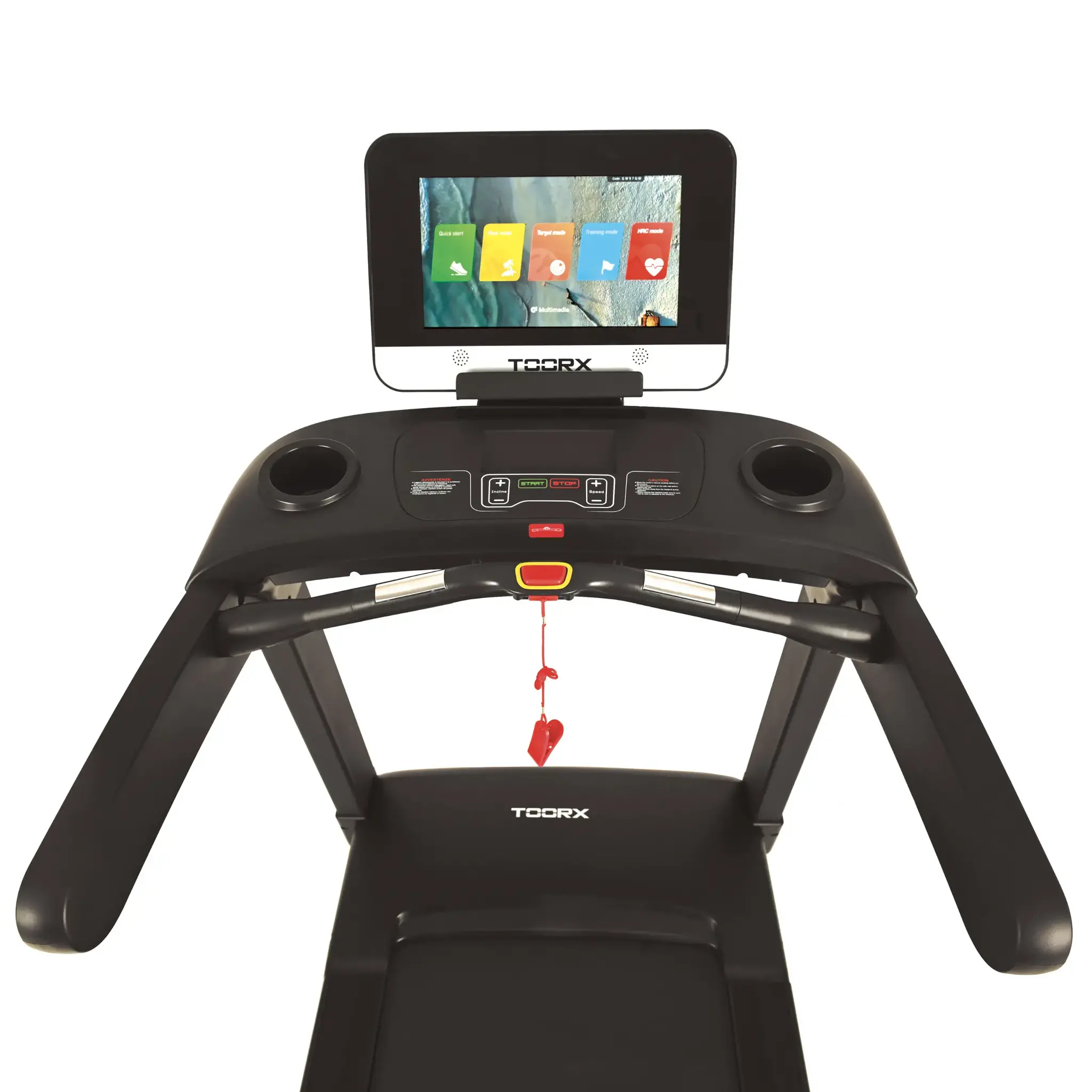 A treadmill with a screen showing a fitness interface, with black and red details.