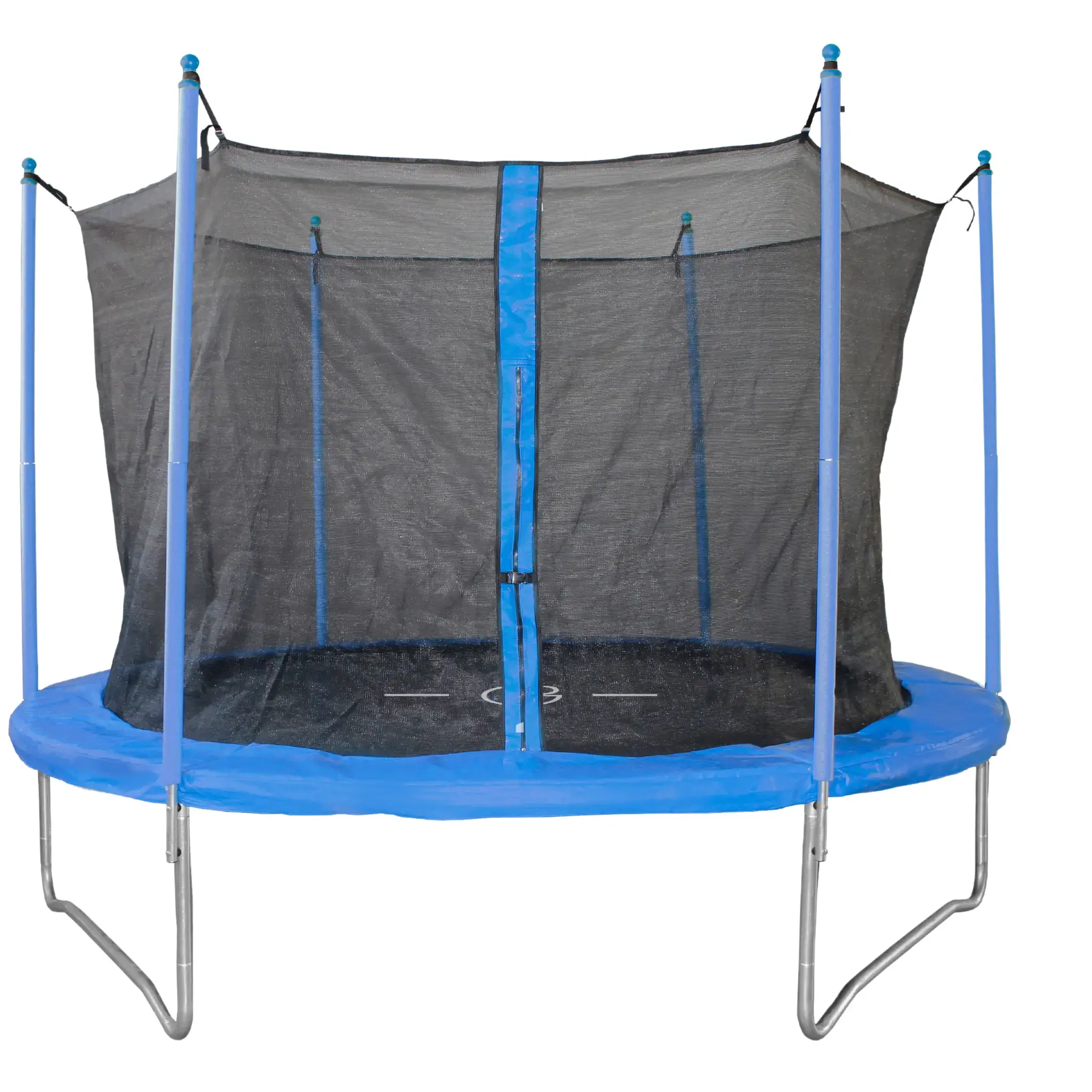 Blauwe trampoline met veiligheidsnet. De trampoline staat op een witte achtergrond, met blauwe palen en net.