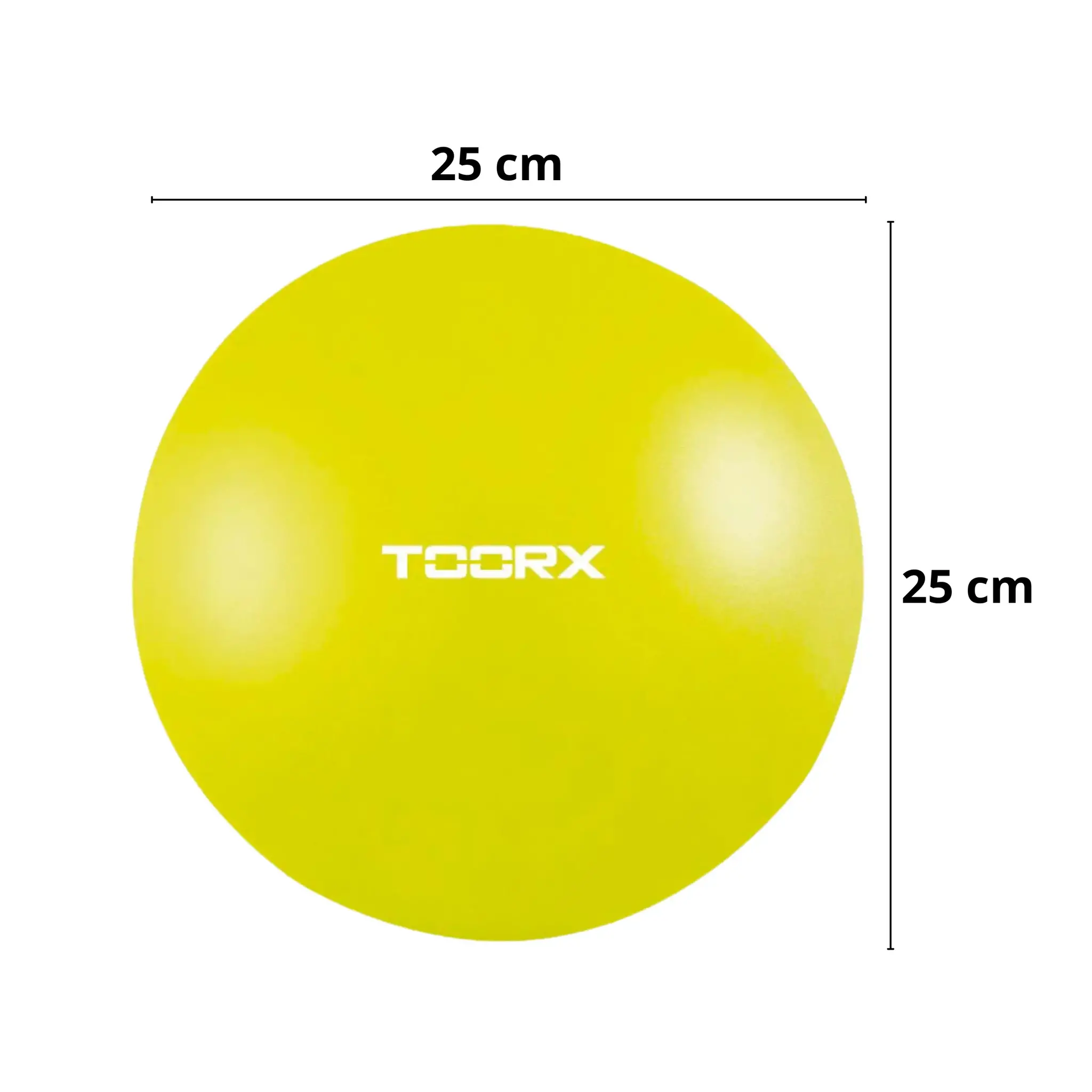 Gele fitnessbal met witte tekst. De bal heeft een diameter van 25 cm. Witte achtergrond.