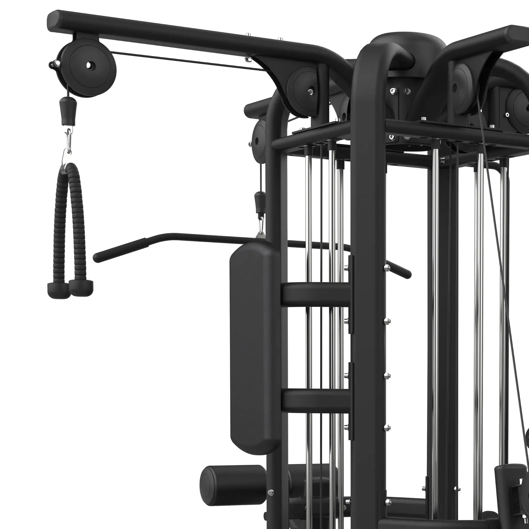 Zwarte fitnessapparatuur met kabels en handvatten. Het is een kabelmachine.