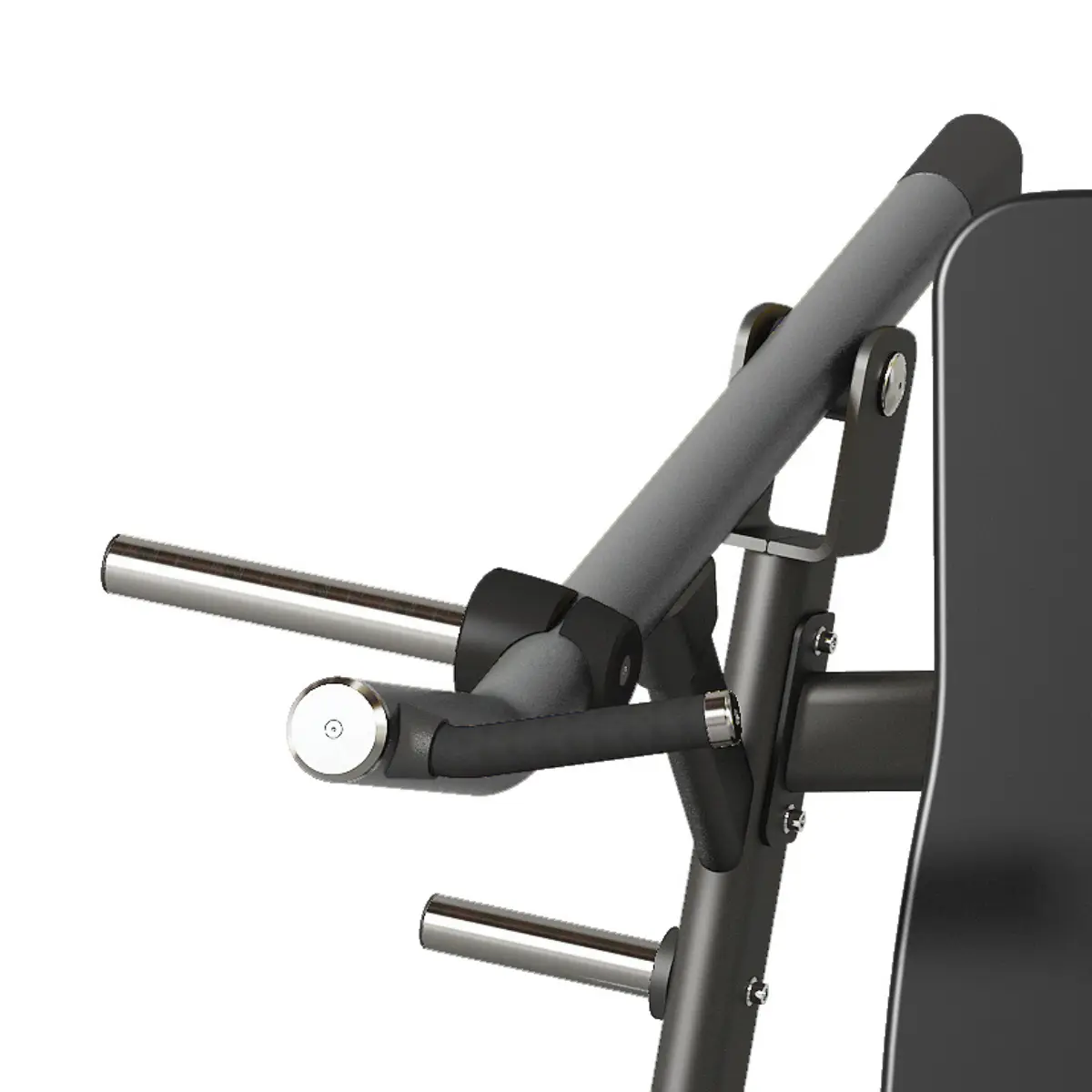 Een close-up van een fitnessmachine met een grijze stang voor armoefeningen.