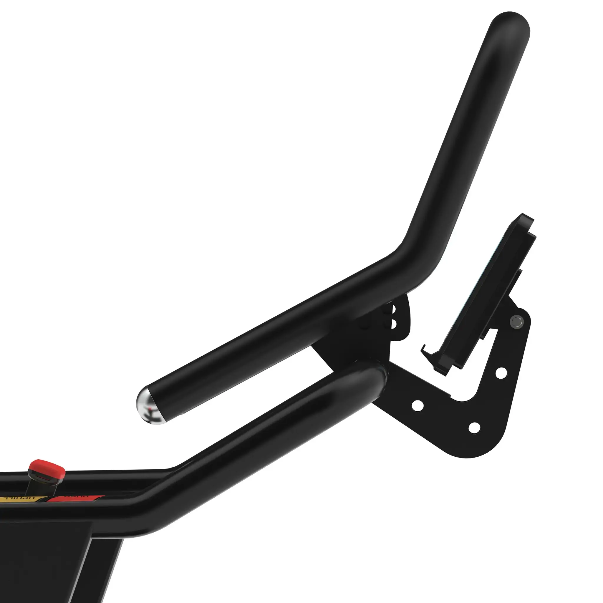Black exercise bike handlebars with a phone holder.