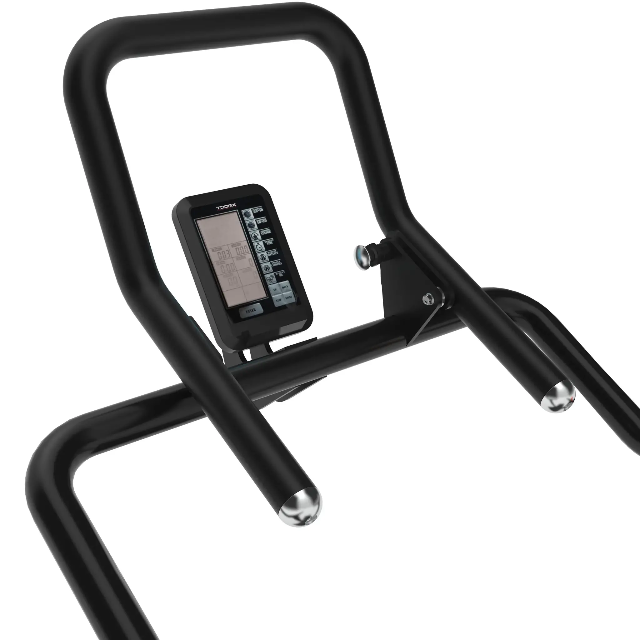 Black exercise machine with a digital display showing stats.