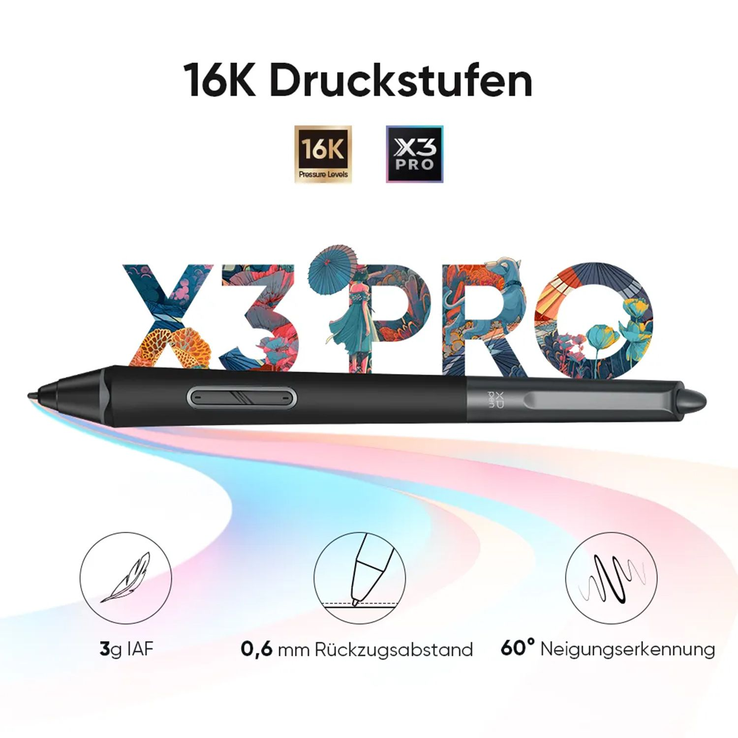 Una penna nera con testo 'X3 PRO', illustrazioni e un logo 16K Pressure Levels.