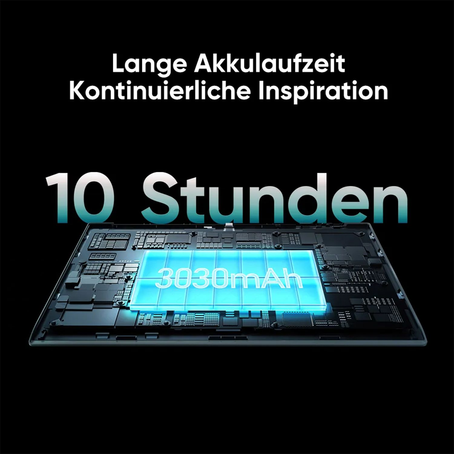 Diagramma dei componenti interni di un tablet con testo '10 Stunden' e '3030mAh'.