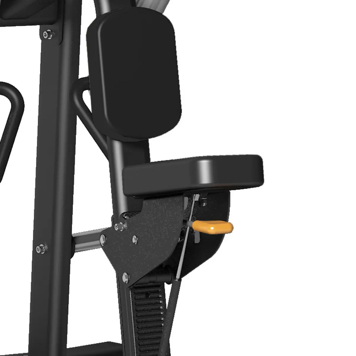 Close-up van een zwart fitnessapparaat. Focus op de zitting en hendel.
