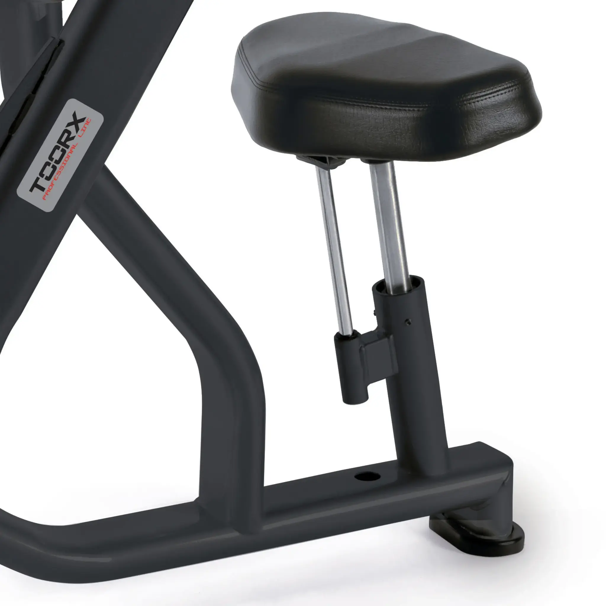 Close-up of a black exercise machine with a seat and the brand name, a white background.