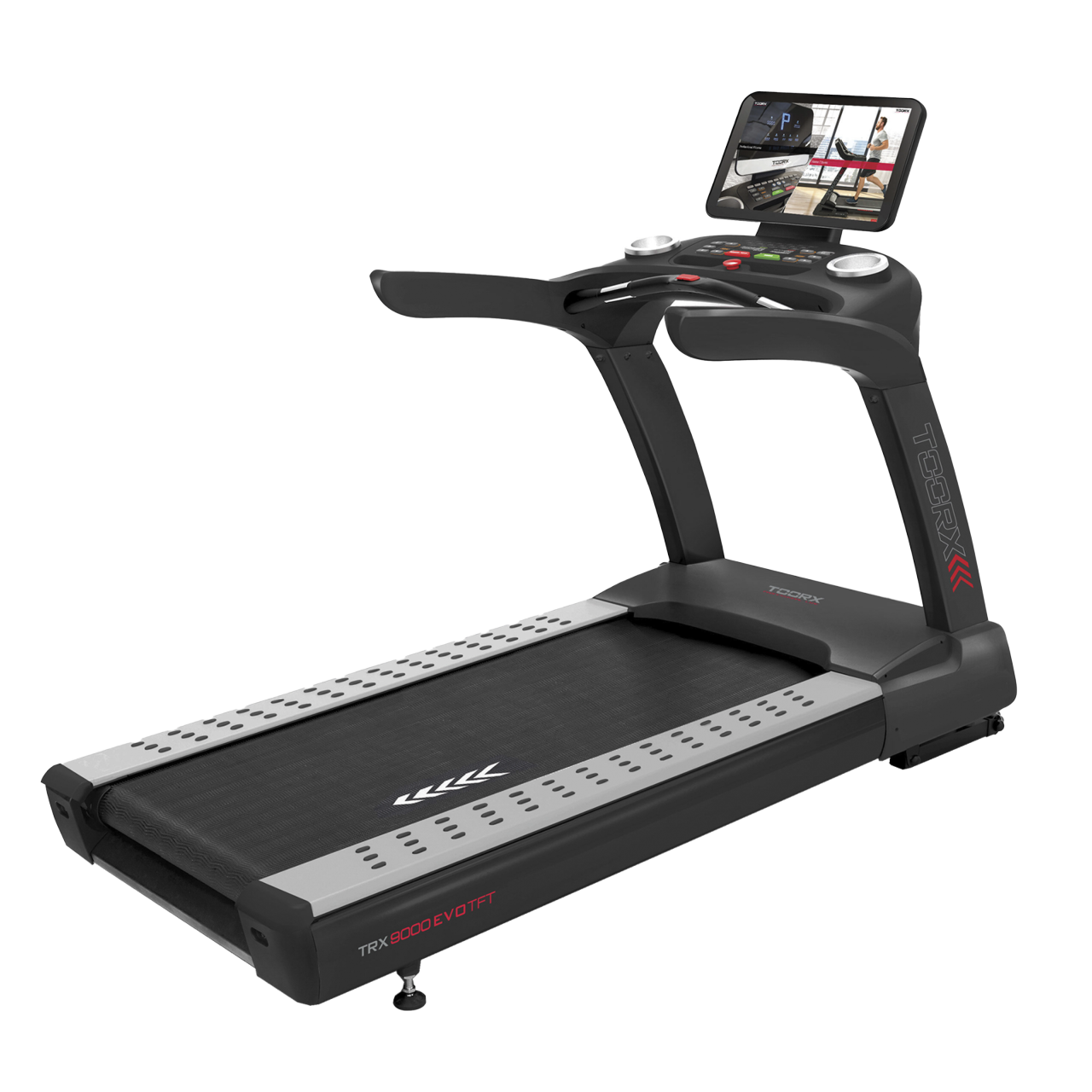 Treadmill with tablet displaying a workout. Black background.