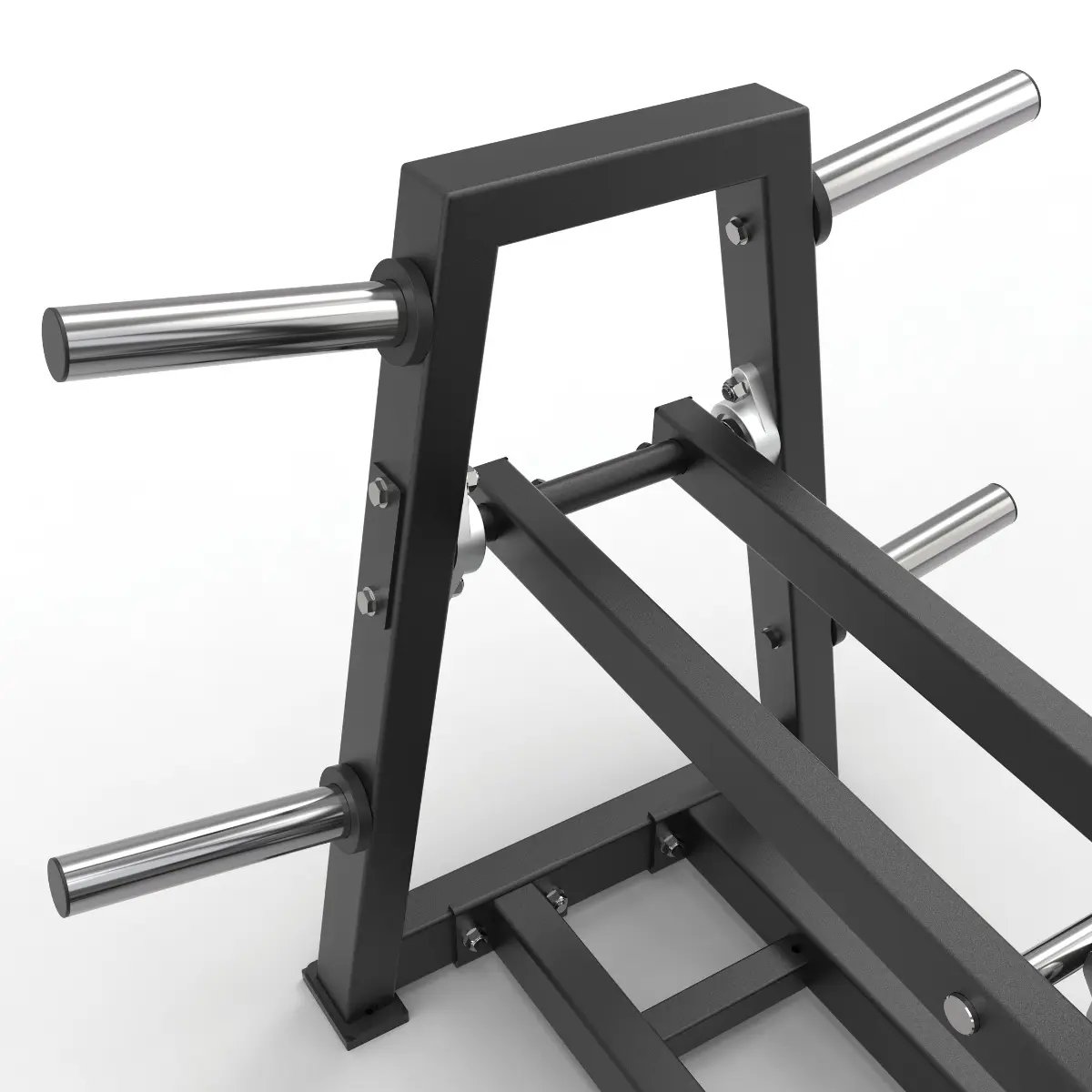 Zwart metalen gewichtrek. Horizontale staven voor gewichten. Zilveren staven voor gewichten. Zwart frame.