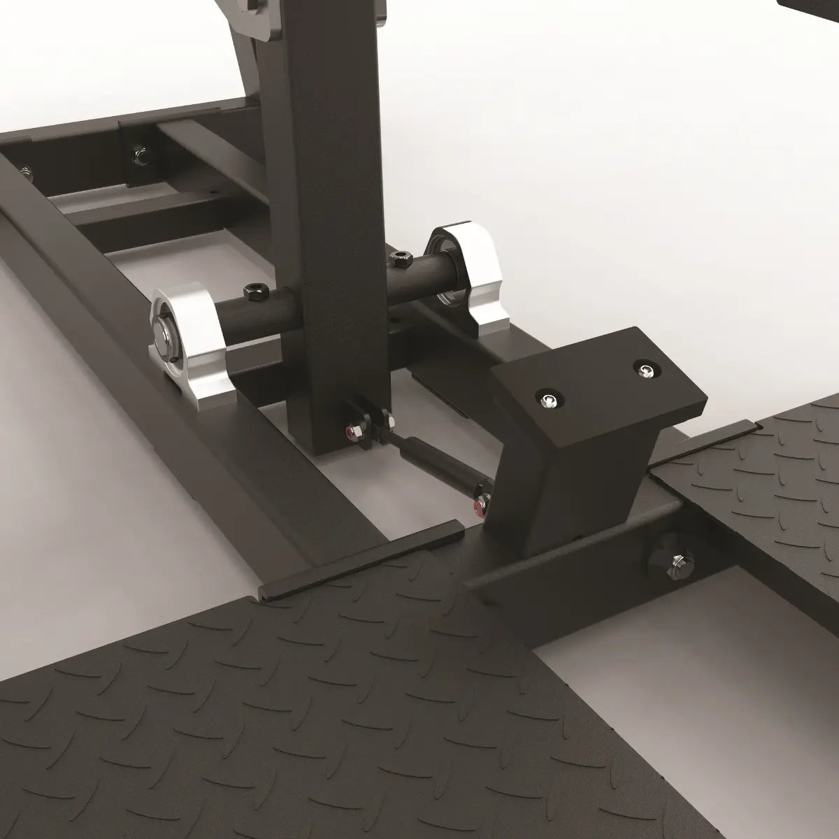 Zwart gewichthefplatform met metalen steunen en een traanplaatbasis.