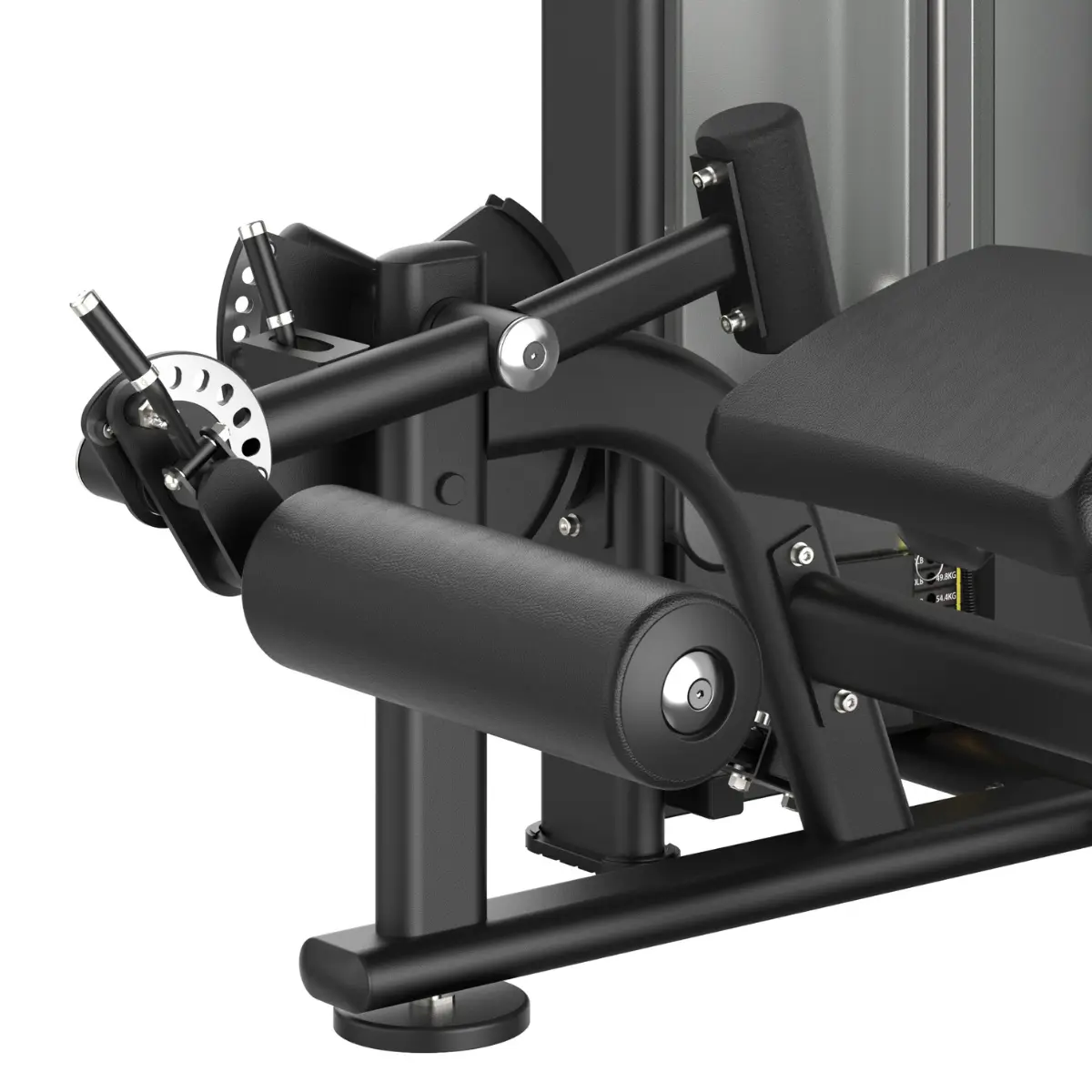 Een beenverlengmachine met zwarte vulling en metalen frame.