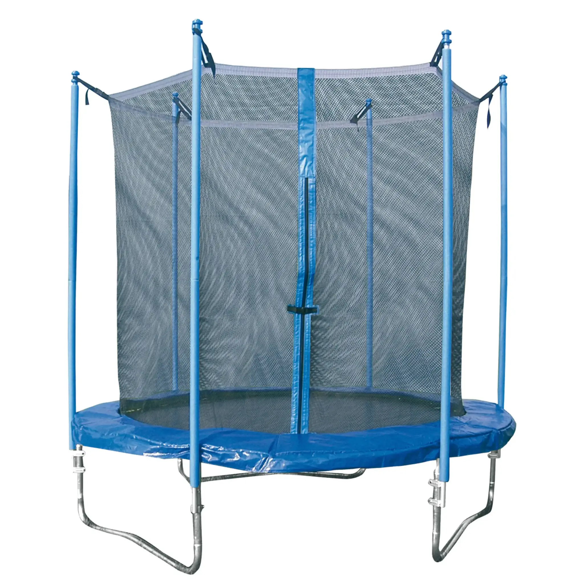 Blauwe trampoline met veiligheidsnet en poten op een witte achtergrond.