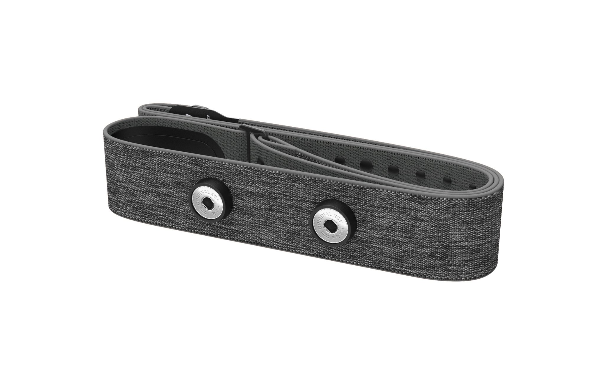 Grauer Herzfrequenzmesser mit schwarzem Sensor. Er hat ein graues Band und zwei silberne Knöpfe.