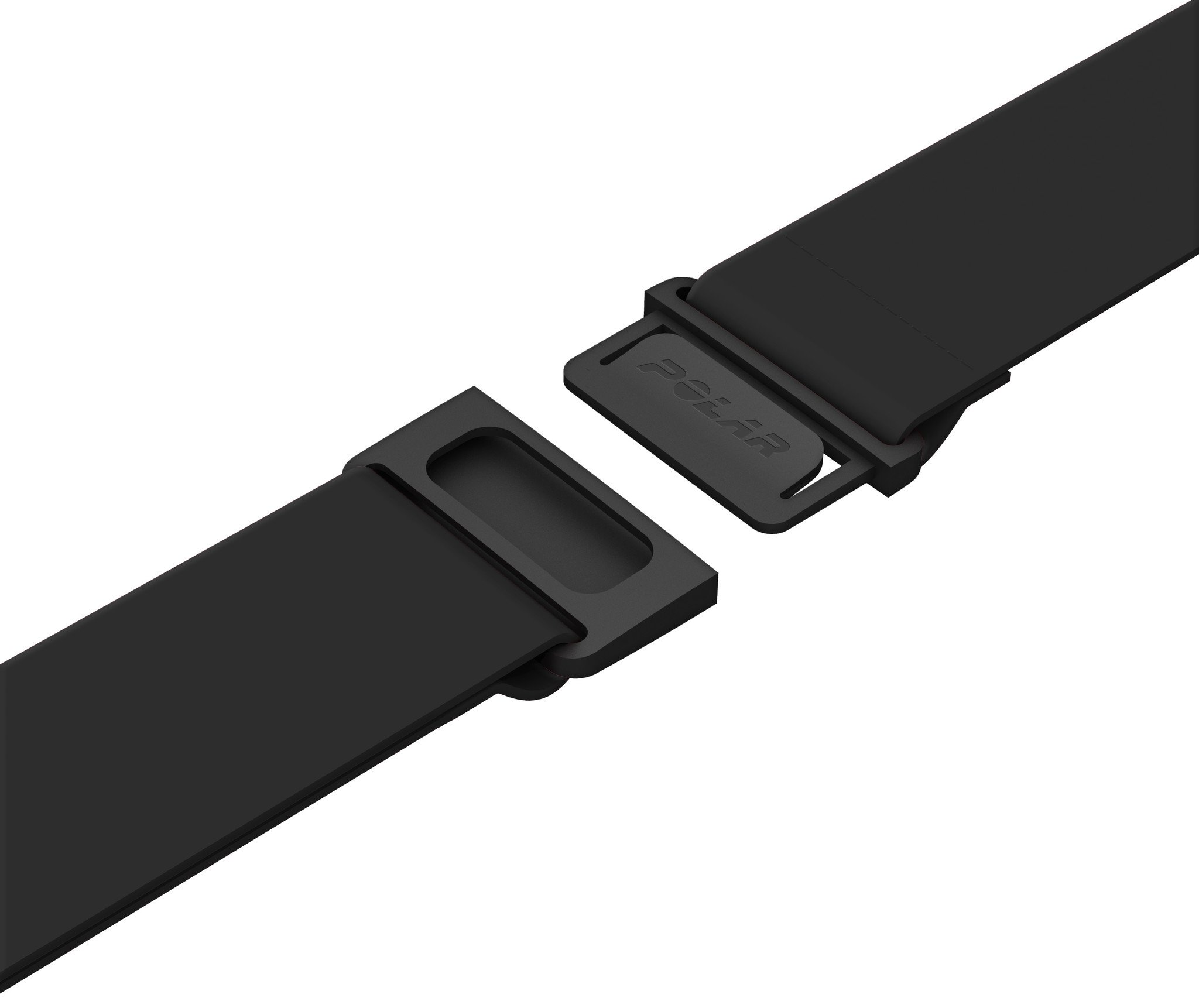 Schwarzes Uhrenarmband mit Schnalle. Das Wort POLAR ist auf der Schnalle sichtbar.