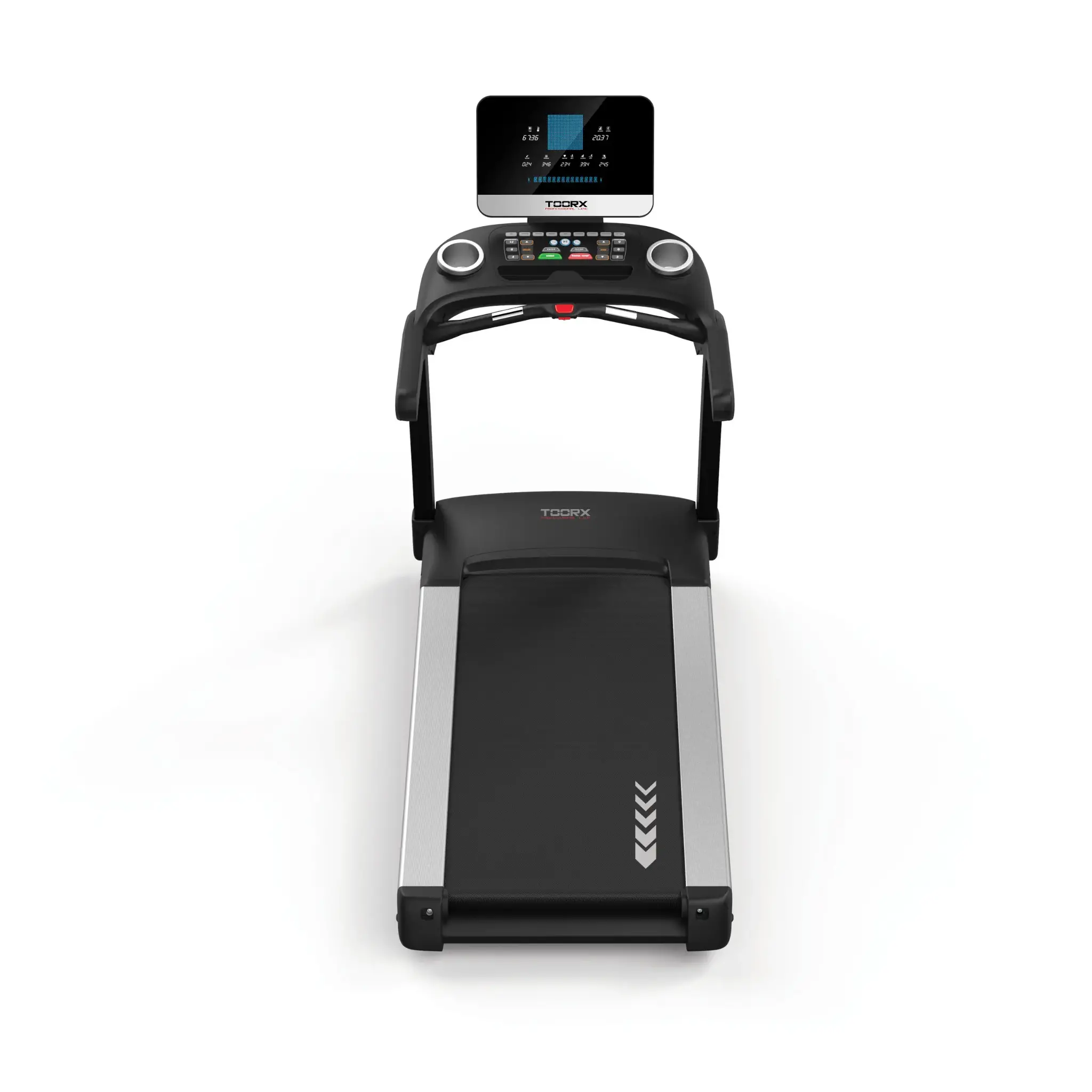 A treadmill with a screen and controls is displayed, viewed from the front.
