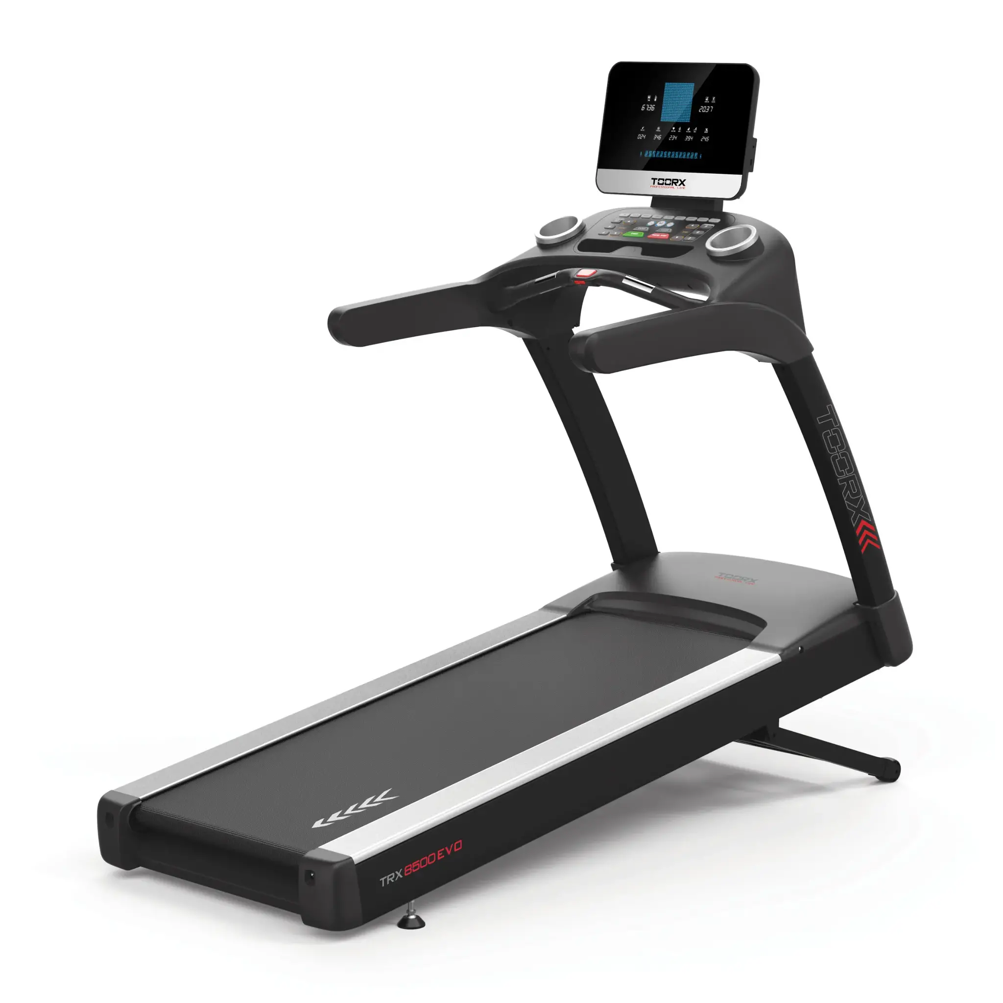 Black treadmill with a digital display showing workout stats. The machine is isolated on a white background.