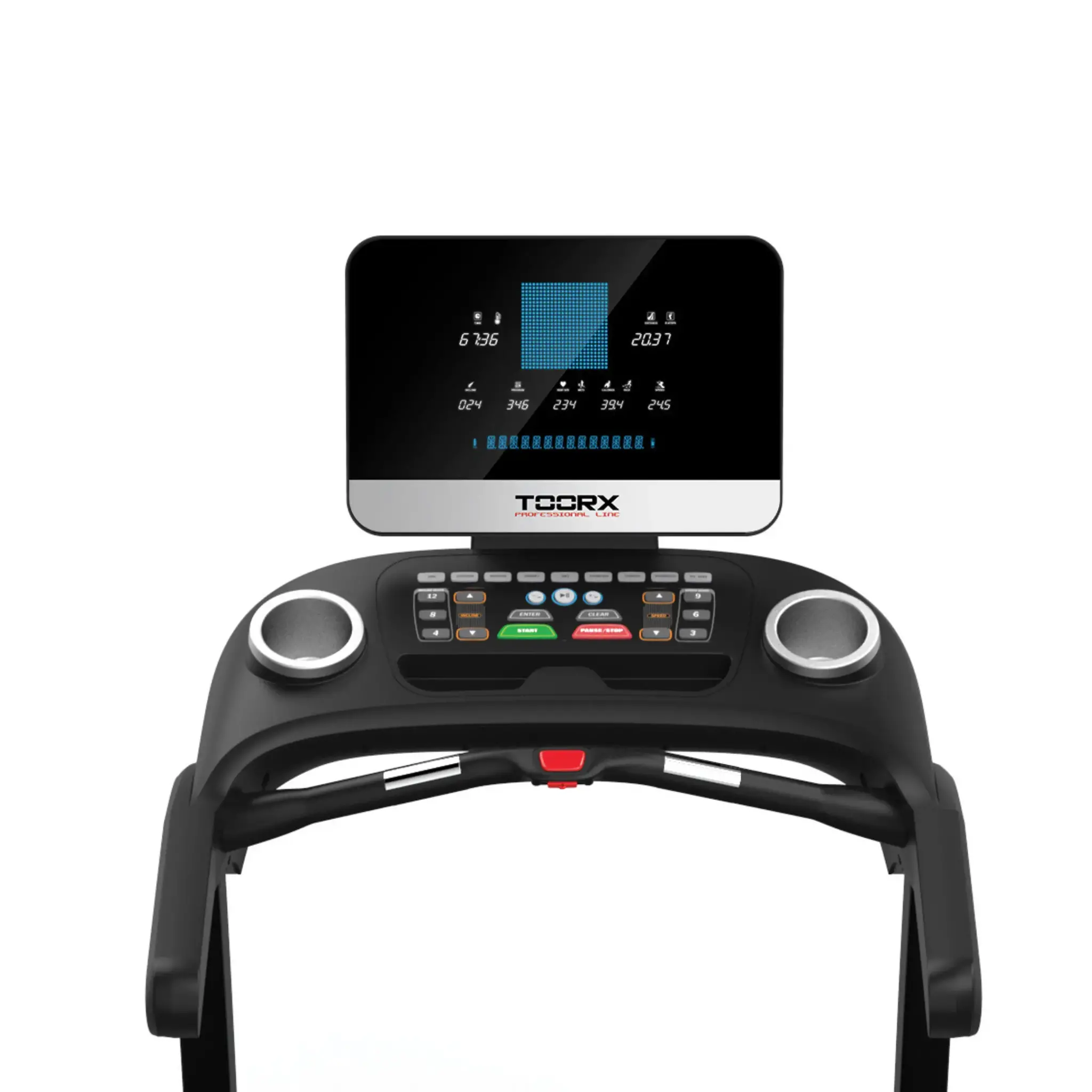 Black treadmill console with a screen displaying data and buttons for control.