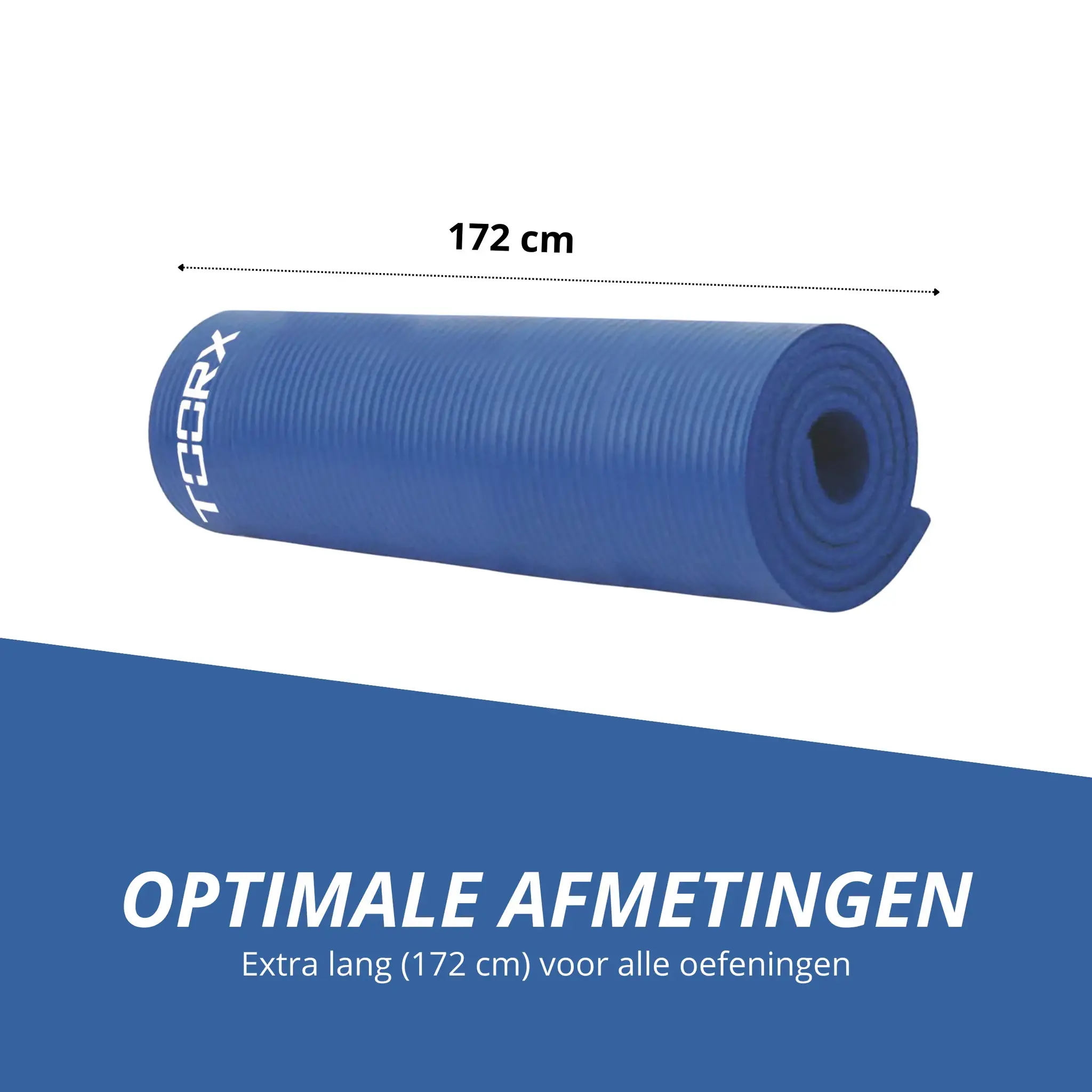 Rolled blue exercise mat with a white logo and text. The mat is on a white background.