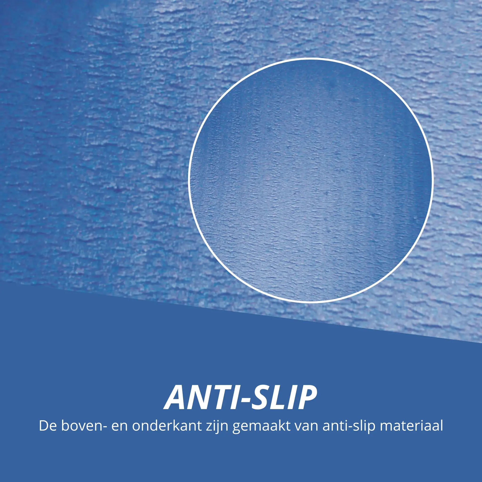 Close-up of blue anti-slip material with a white circle in the middle. Text: ANTI-SLIP.