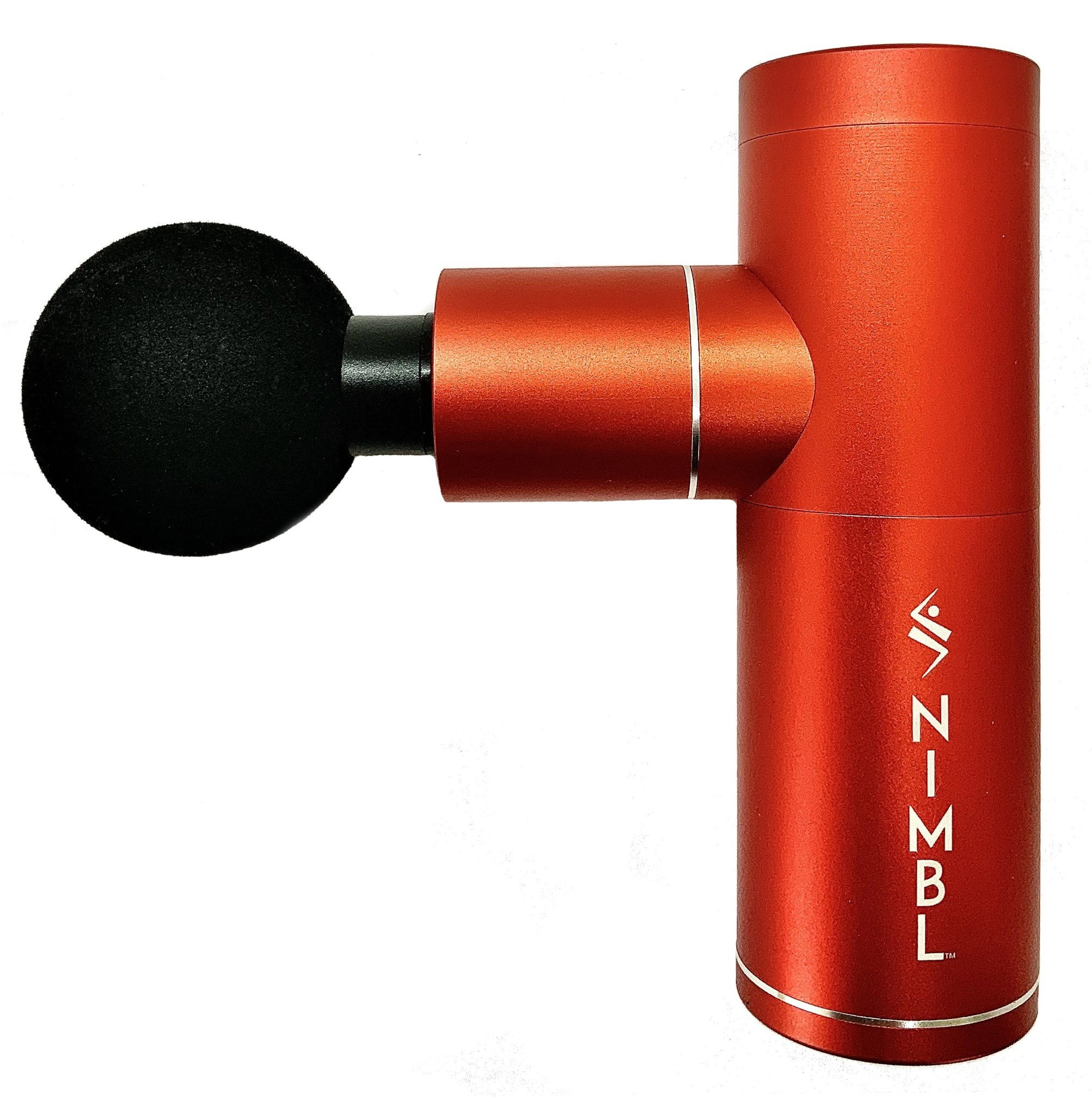 Red massage gun. Shows the gun and black massage head on a white background.