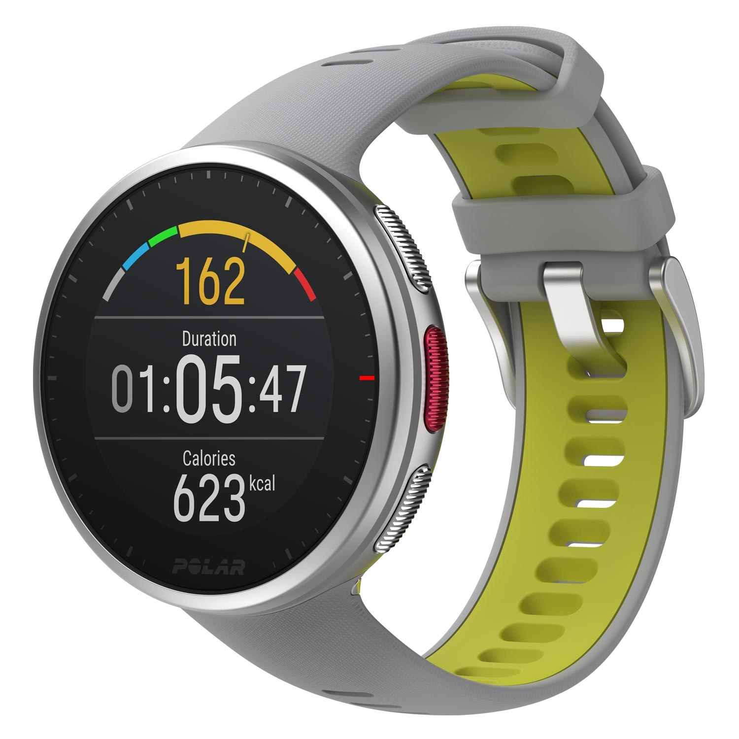 Graue Smartwatch mit schwarzem Bildschirm, der Daten anzeigt, und einem limettengrünen und grauen Armband.
