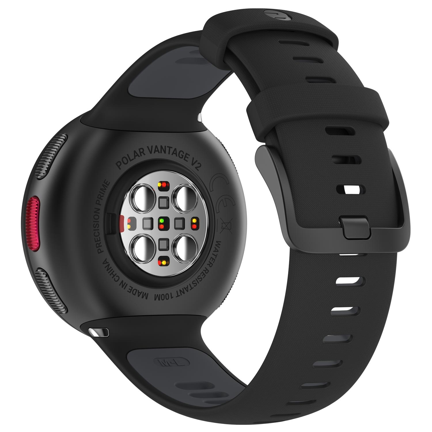 Eine schwarze Polar Vantage V2 Smartwatch, bei der die Rückseite und die Armbanddetails sichtbar sind.