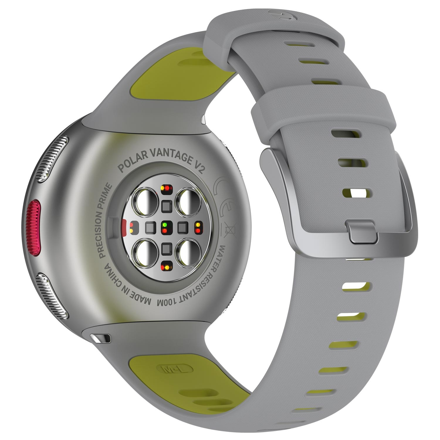 Polar Vantage V2 Smartwatch. Graues Armband, grüne Akzente. Rückseite hat Sensoren. Weißer Hintergrund.