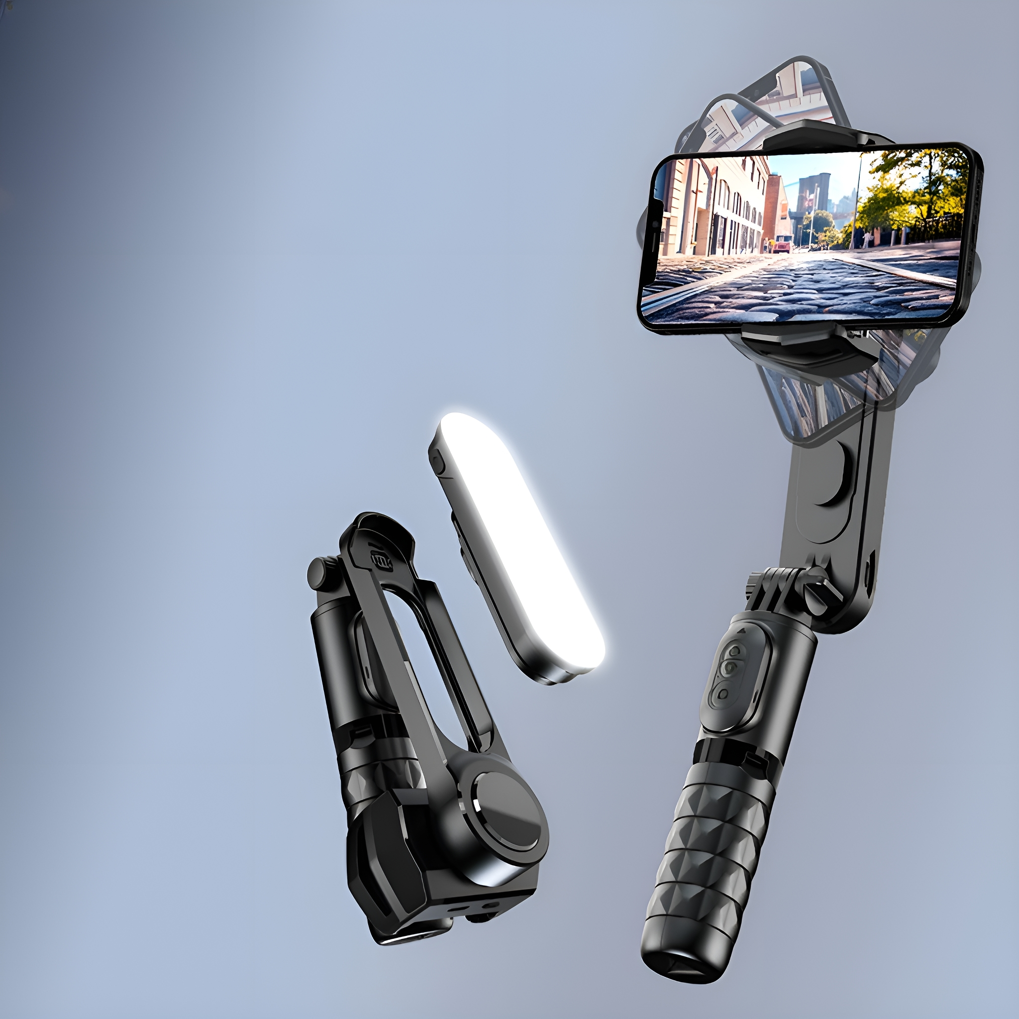 Schwarzer Selfie-Stick mit Telefon und Licht, Telefon zeigt eine Stadtstraße.
