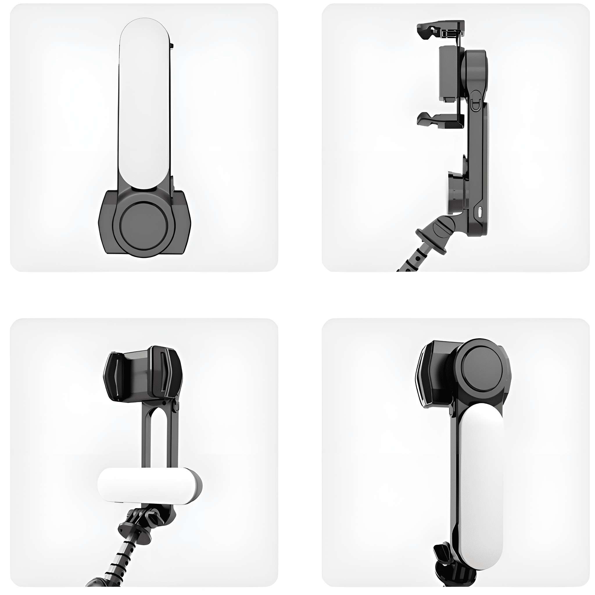Vier Ansichten eines schwarz-grauen Telefonhalters mit flexiblem Arm.