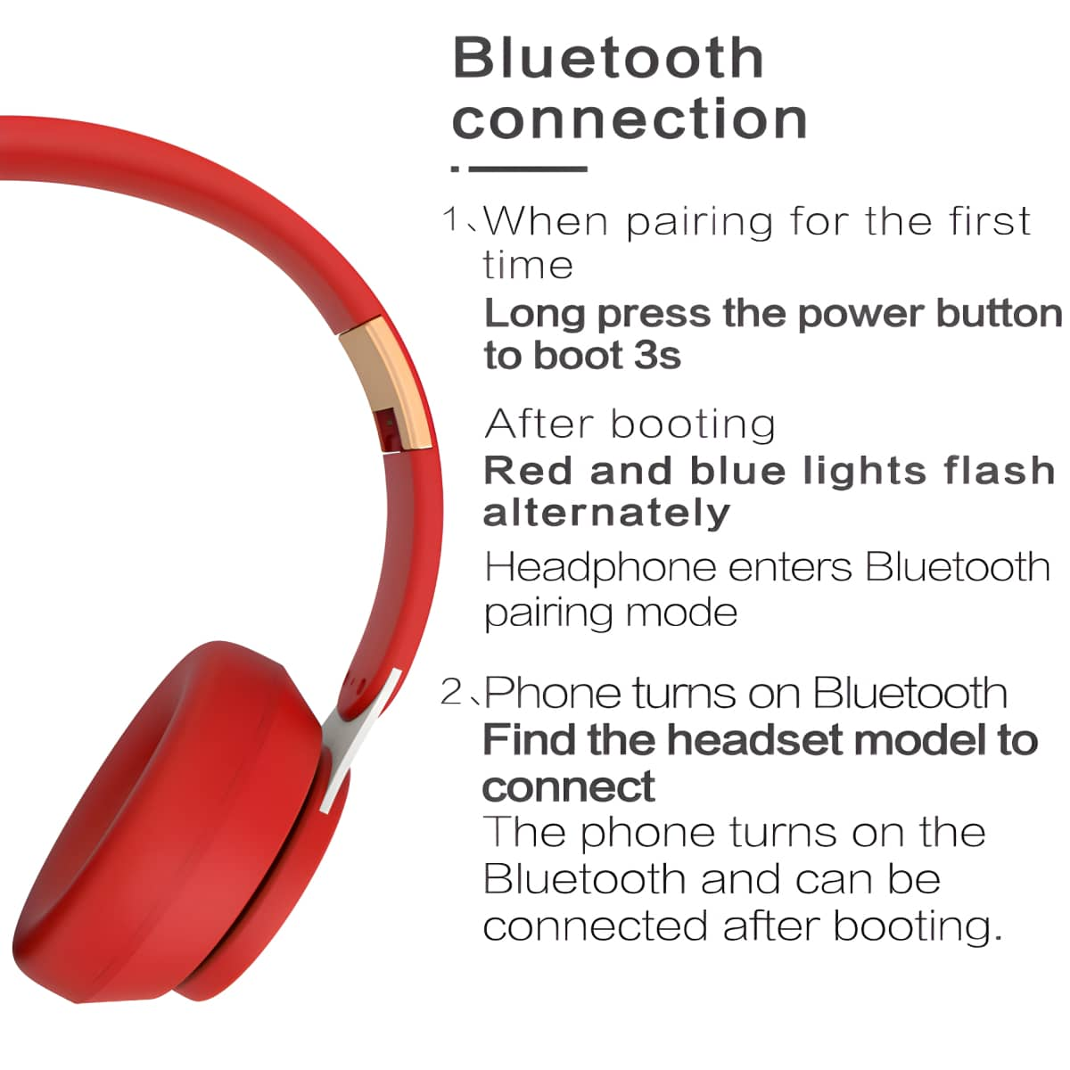 Rote Kopfhörer mit Anweisungen: Power-Taste, rote und blaue Lichter, Bluetooth-Pairing-Modus.