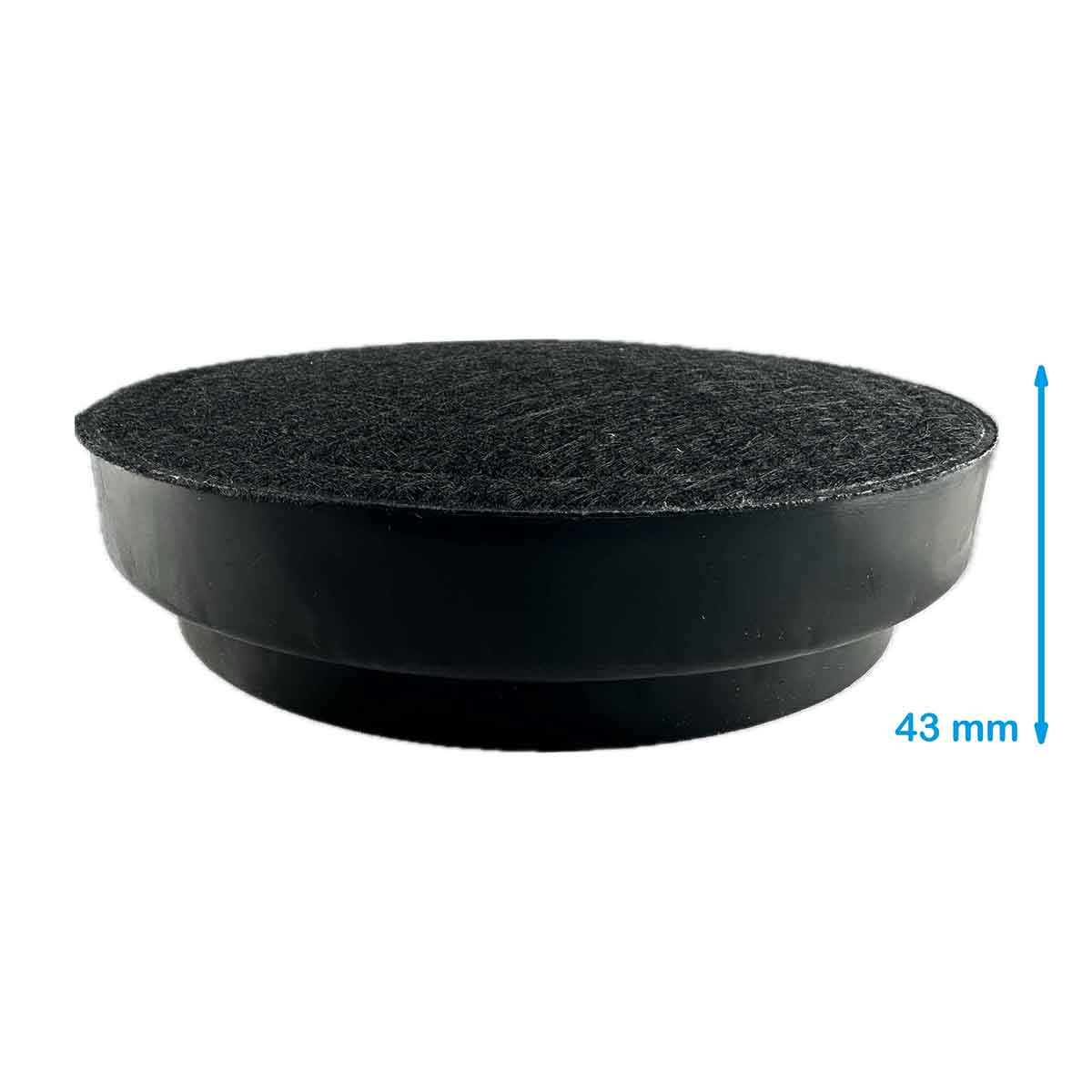 Ein schwarzer, runder Gummisockel mit strukturierter Oberseite. Ein blauer Pfeil zeigt die Höhe von 43 mm an.