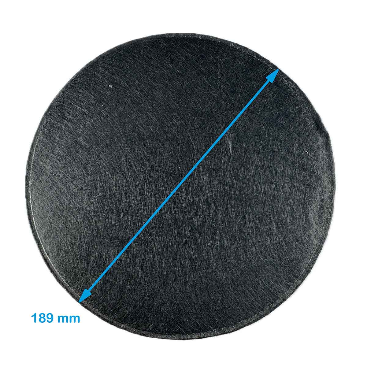 Eine schwarze, kreisförmige Matte. Eine blaue Linie zeigt einen Durchmesser von 189 mm.