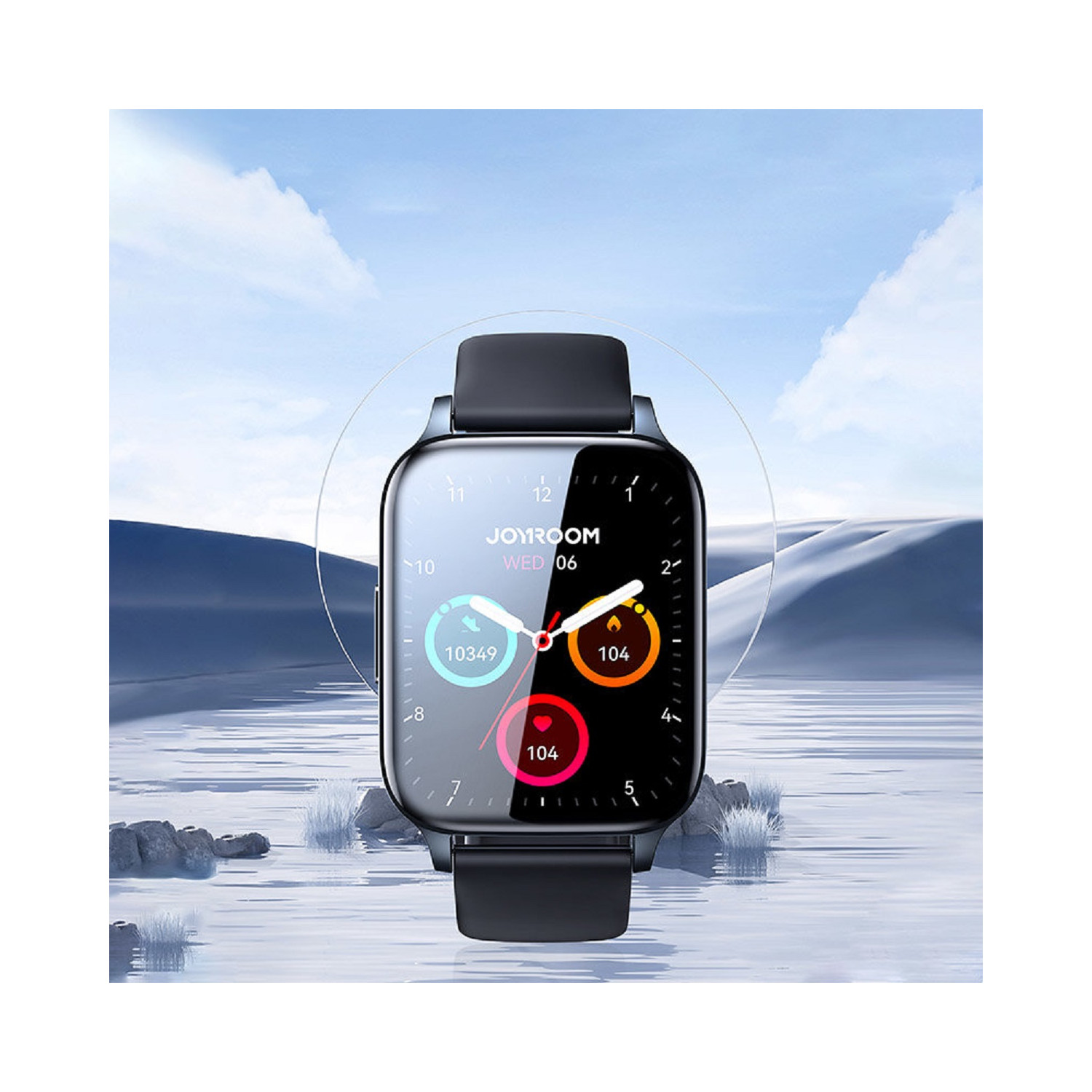 Smartwatch na nadgarstku z wyświetlaczem czasu, daty i statystyk zdrowia.