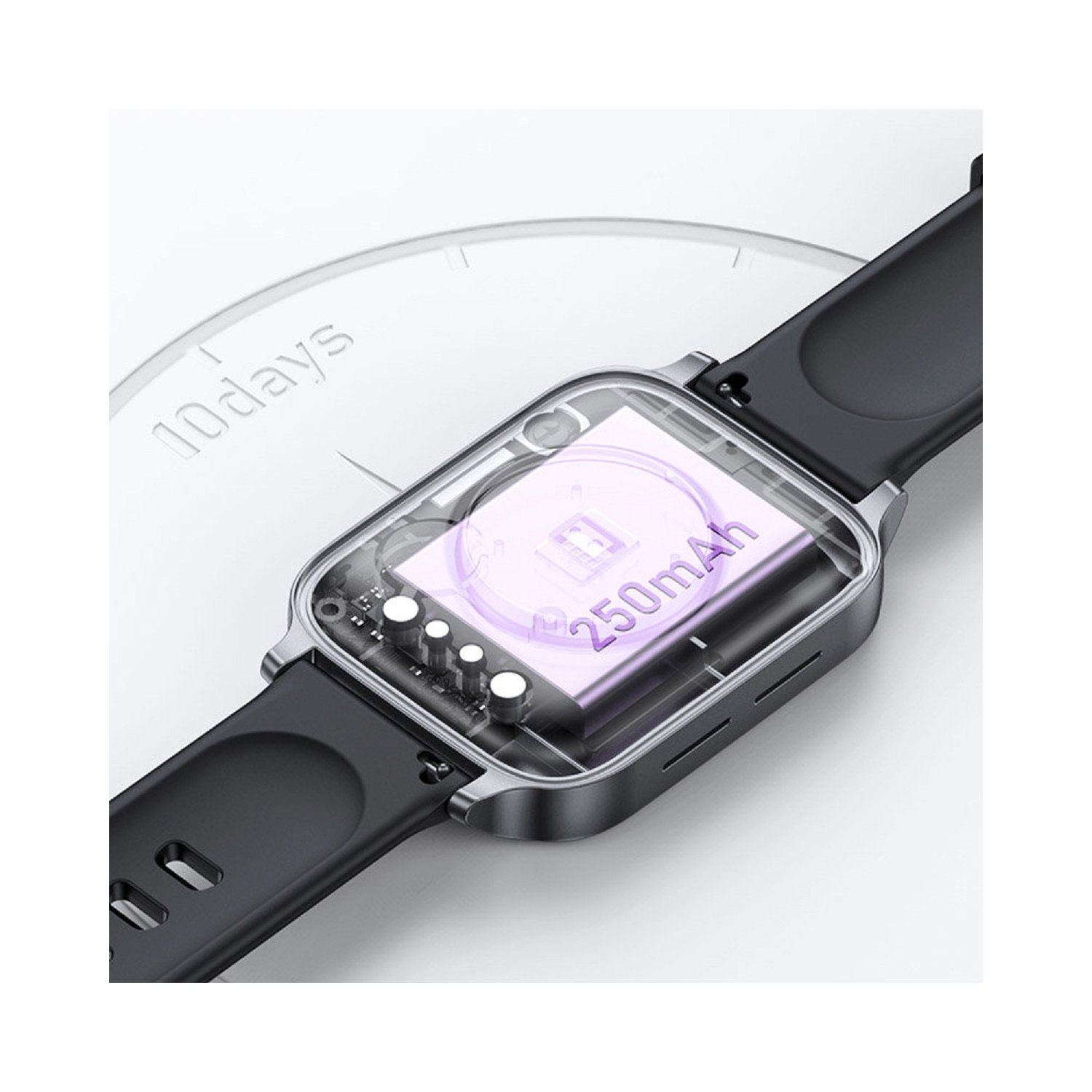 Smartwatch wyświetlający ikonę baterii z tekstem '250mAh' i słowami '10days' w tle.