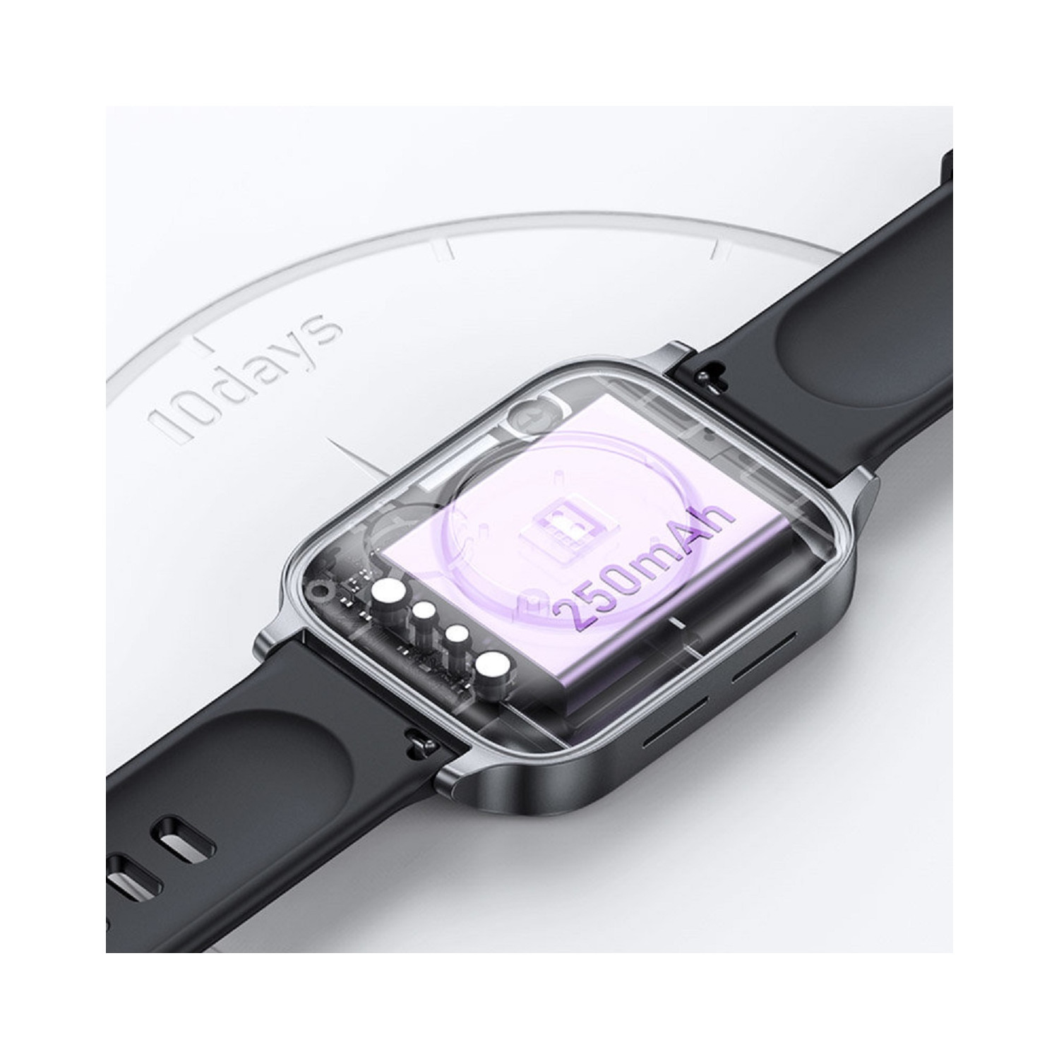 Czarny smartwatch pokazuje wewnętrzne komponenty. Bateria oznaczona 250mAh, ze wskaźnikiem 10 dni.
