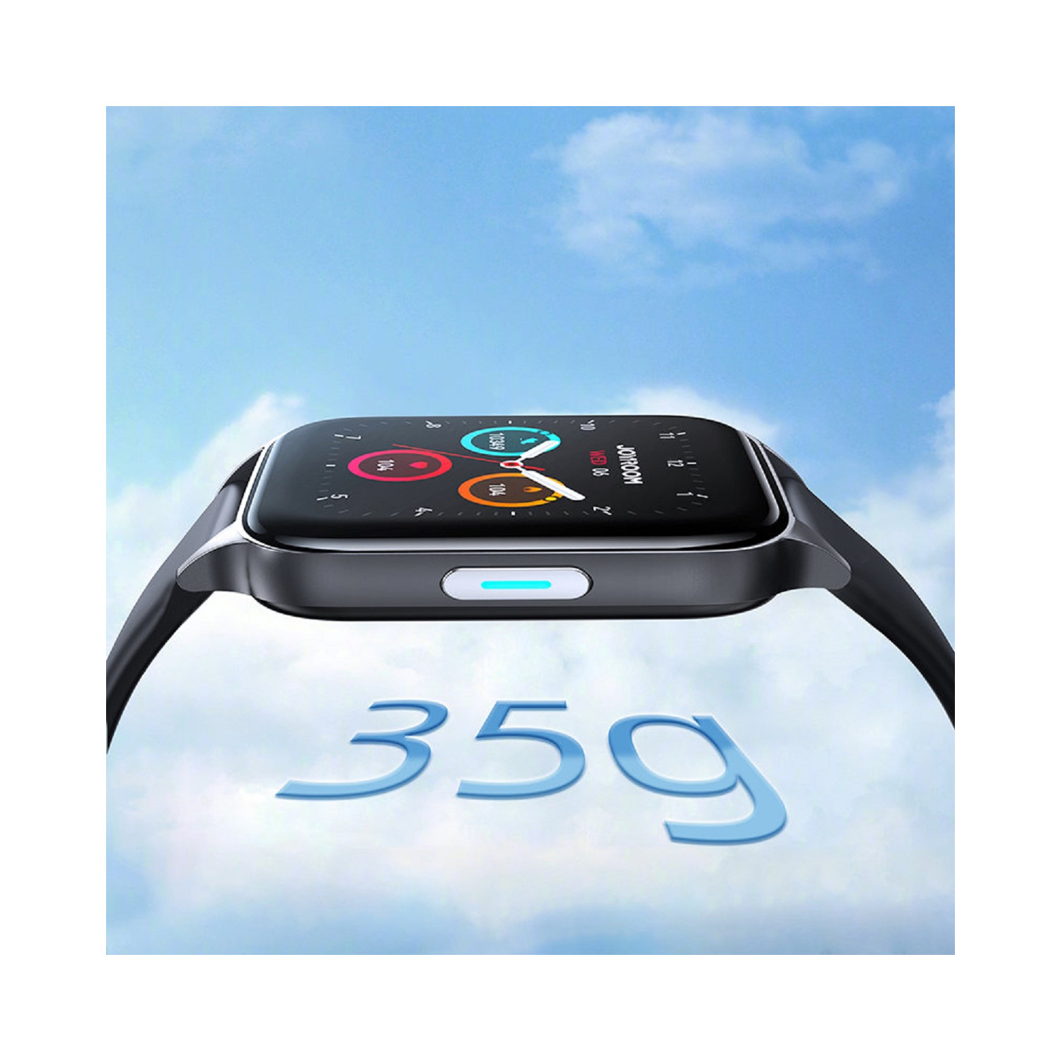 Smartwatch mit schwarzem Bildschirm, der Daten gegen einen blauen Himmel mit der Zahl 35g anzeigt.