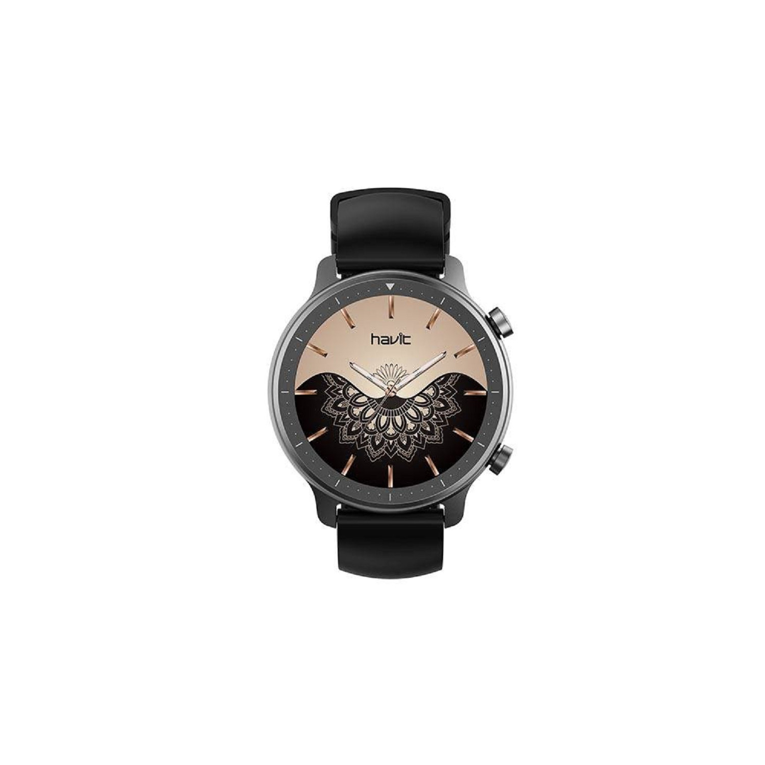 Smartwatch mit schwarzem Armband. Die Uhr hat ein rundes Zifferblatt mit floralem Design in der Mitte.