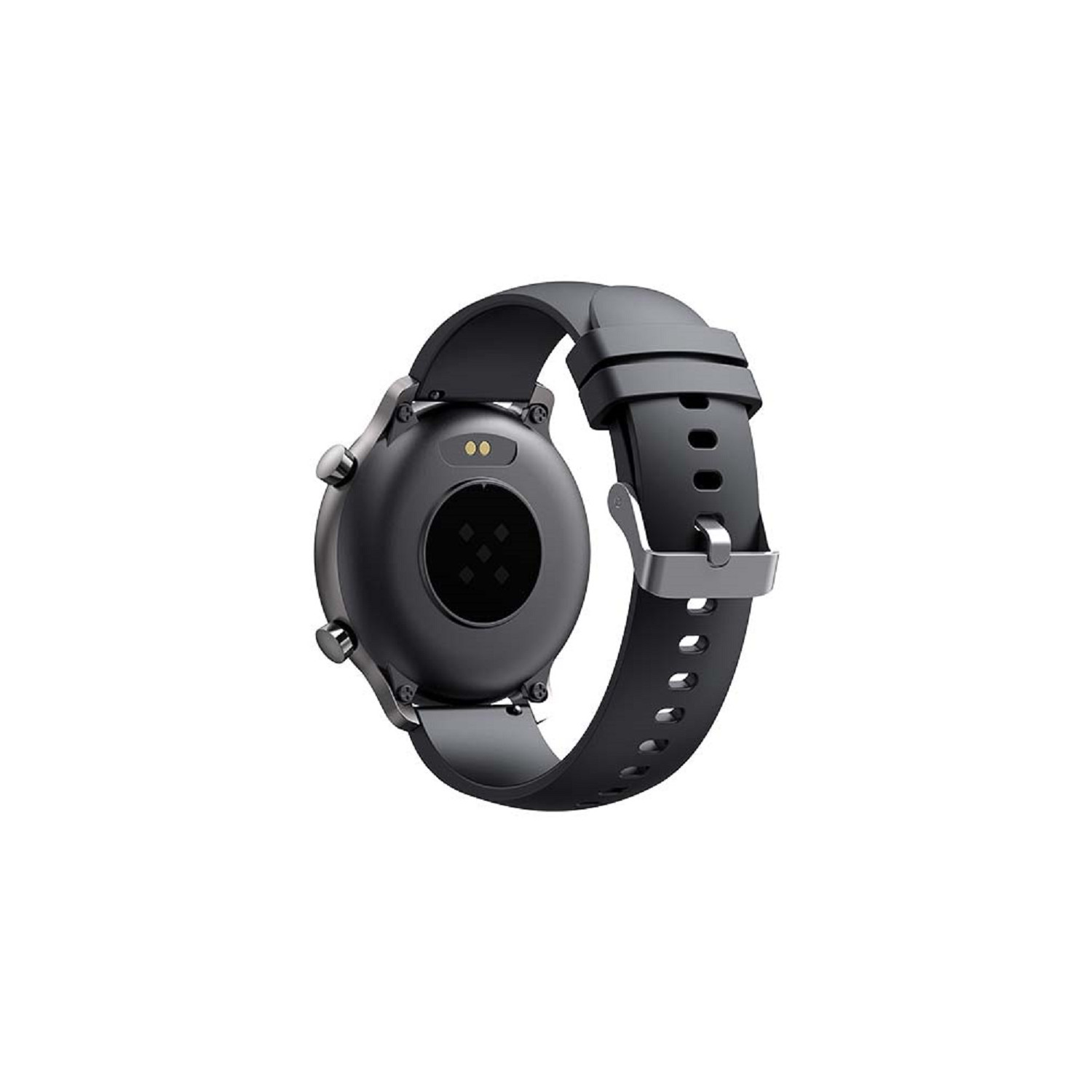 Schwarze Smartwatch, die ihre Rückseite zeigt. Die Rückseite hat Sensoren und ein schwarzes Armband.