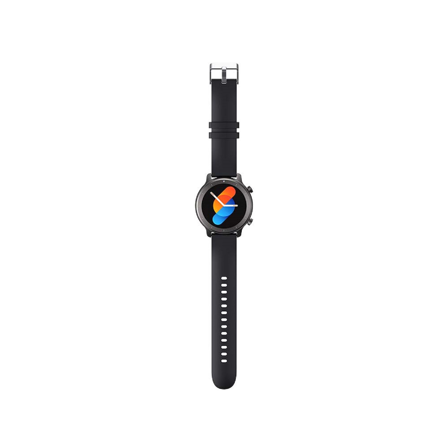 Eine schwarze Smartwatch mit schwarzem Armband und farbenfrohem Zifferblatt.