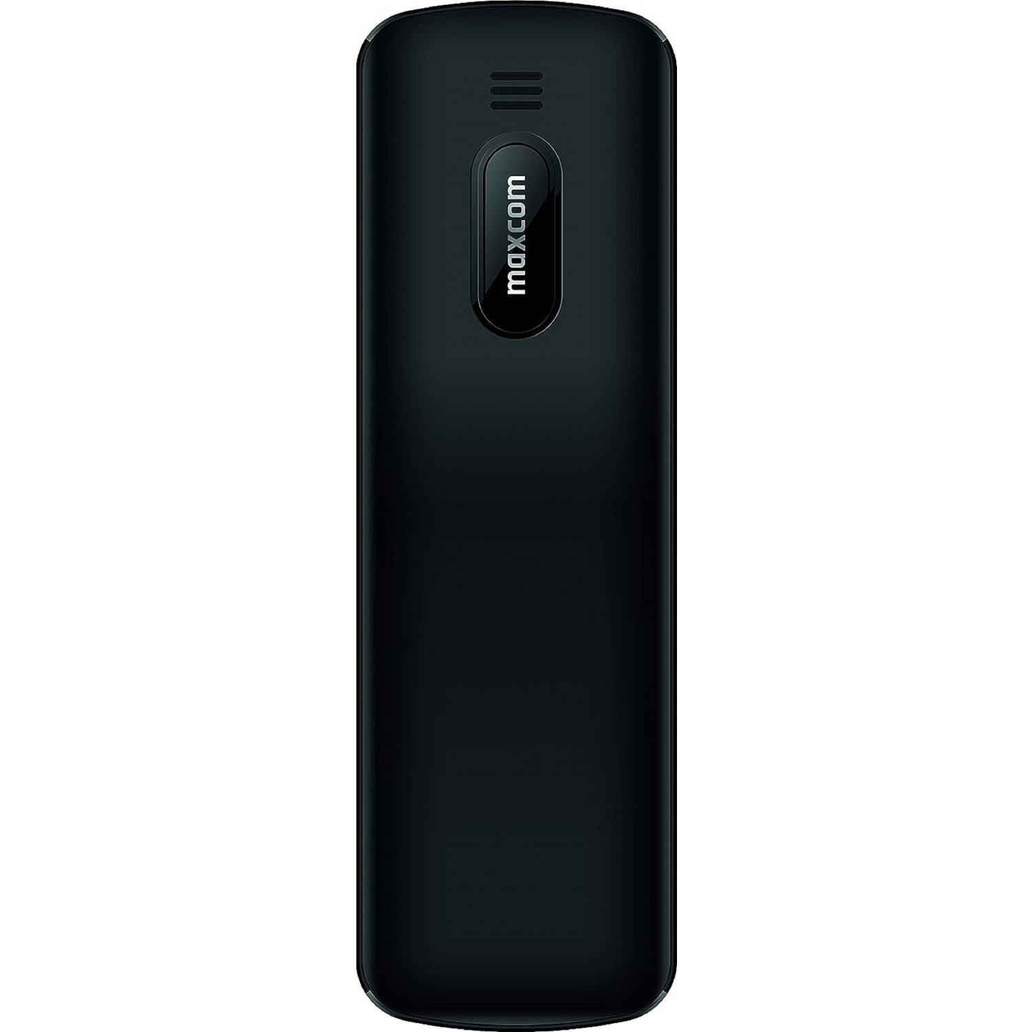 Schwarzes Telefon, Rückansicht. Der Markenname steht oben. Oben sind drei Linien.