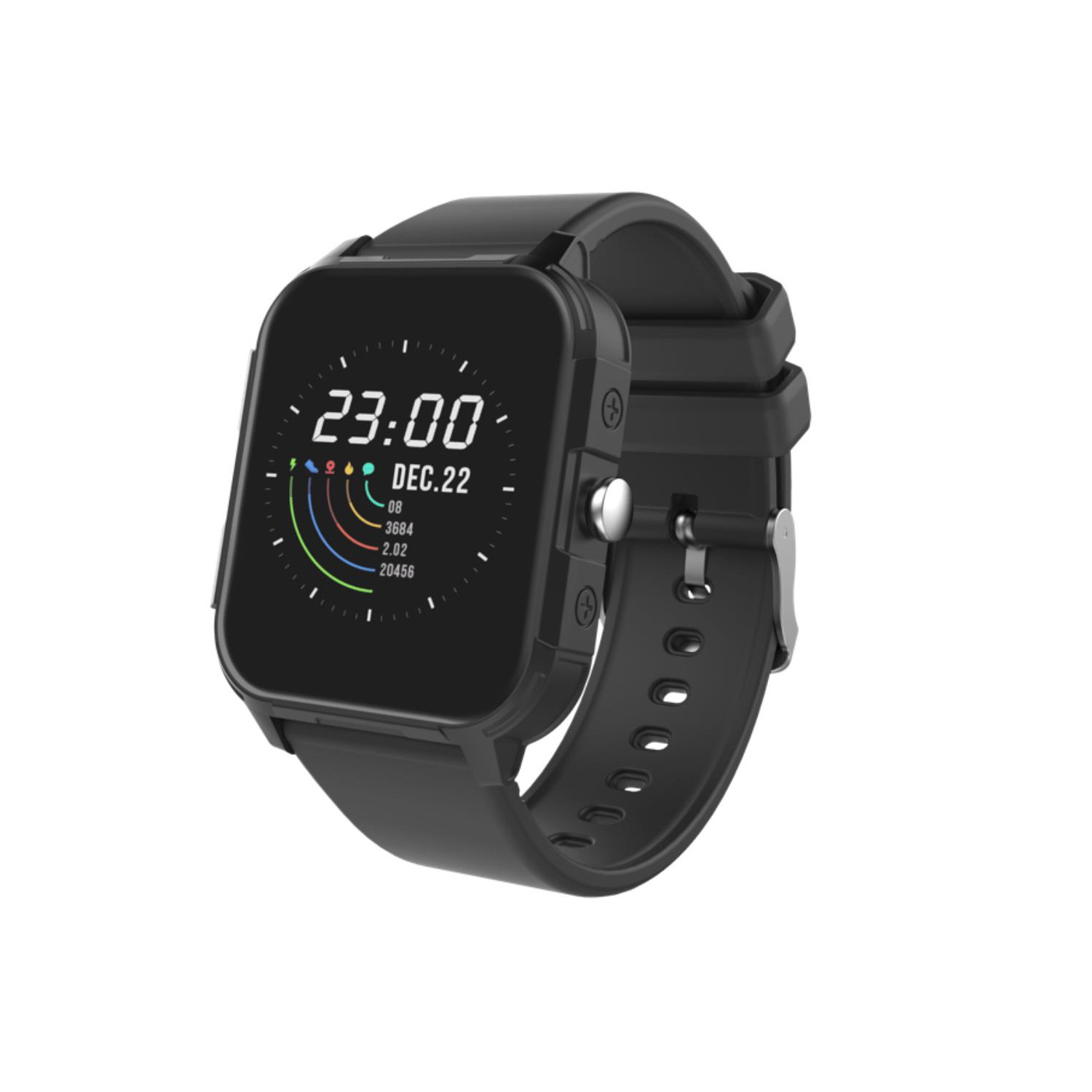 Eine schwarze Smartwatch, die die Zeit und andere Metriken auf ihrem Bildschirm anzeigt.
