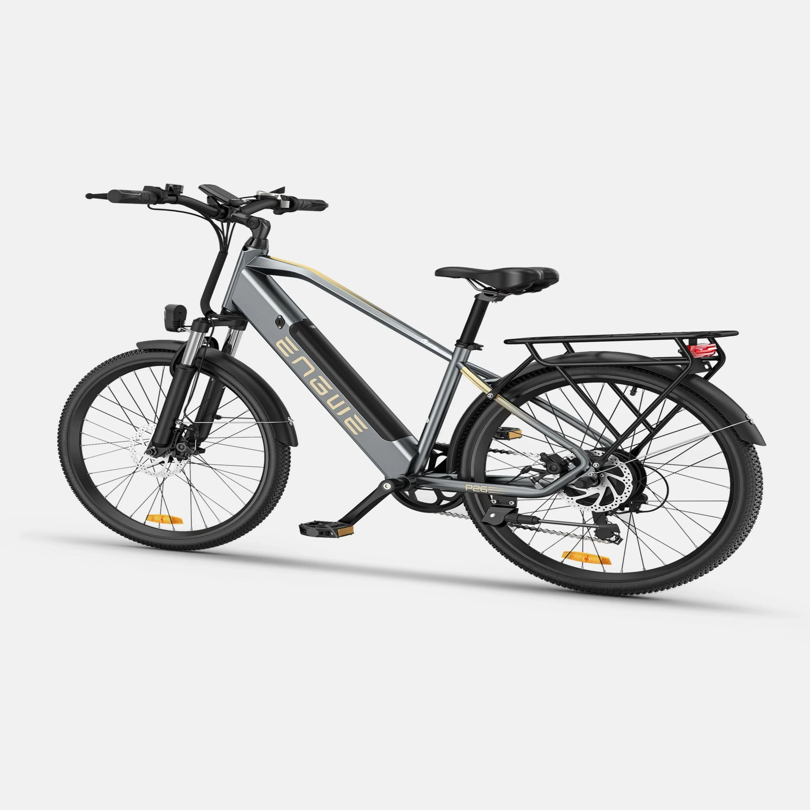 Bicicletta elettrica grigia con ruote nere e portapacchi sul retro. È su sfondo bianco.