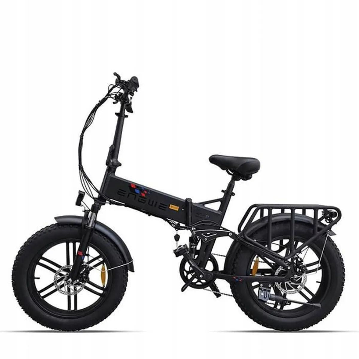 E-bike pieghevole nera con pneumatici neri, sfondo bianco, vista laterale.