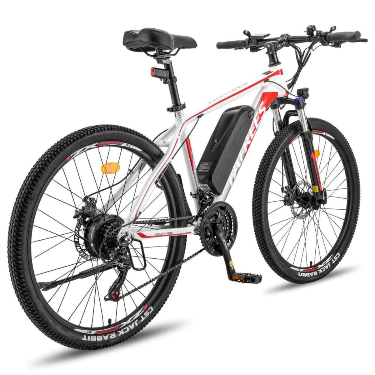 Bicicletta elettrica bianca e rossa su sfondo bianco. Ha una batteria e pneumatici CST JACK RABBIT.